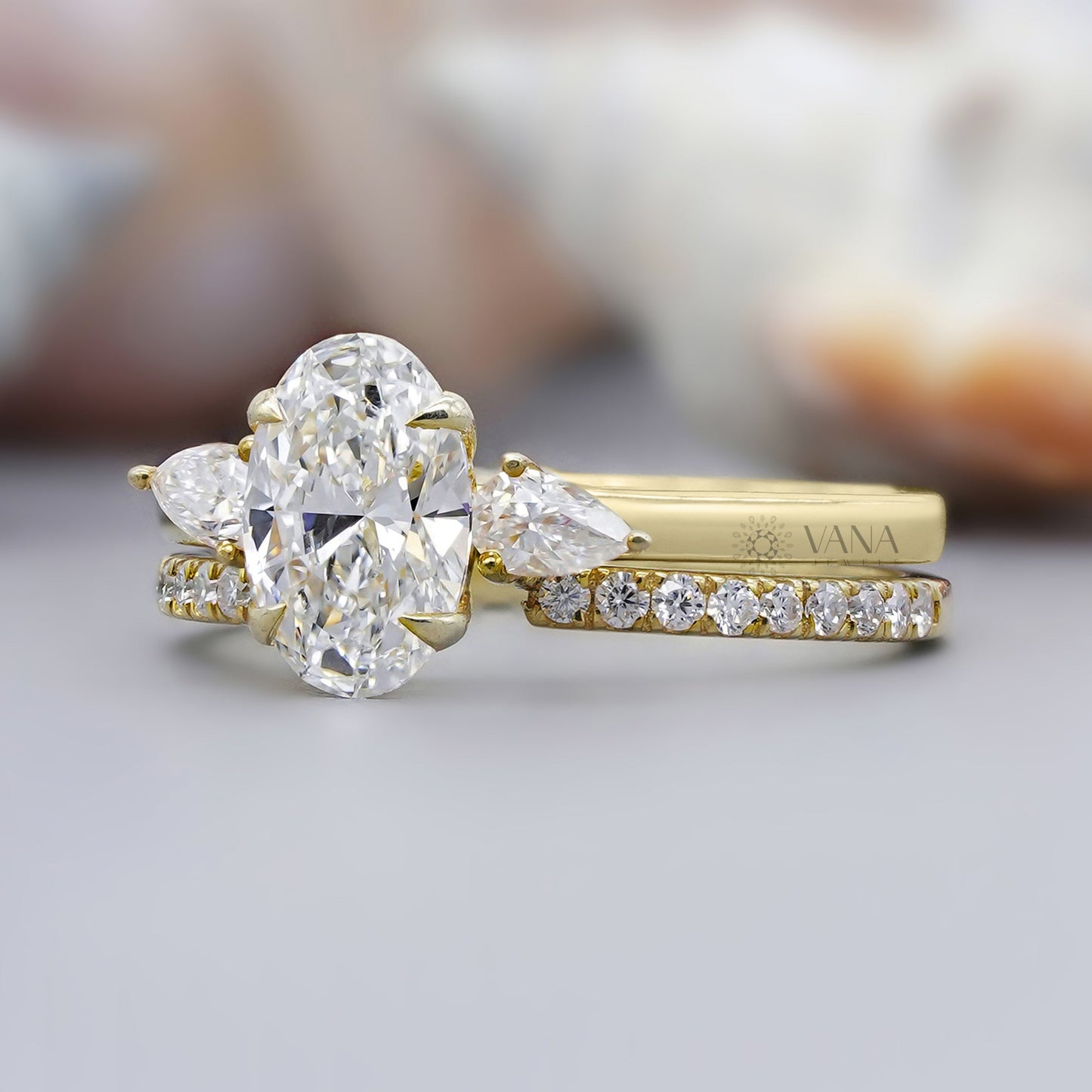 Bridal moissanite ring set with oval solitaire ring