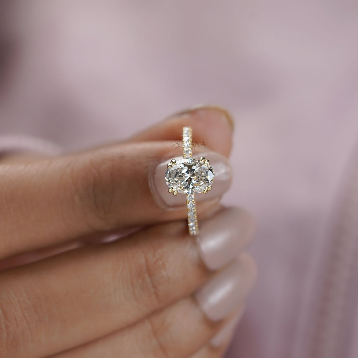 Elegant oval lab grown diamond hidden halo engagement ring in white gold