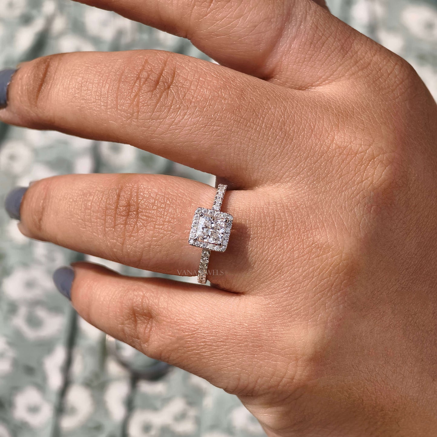 Princess Cut Lab Grown Diamond Halo Engagement Ring - Pave Setting