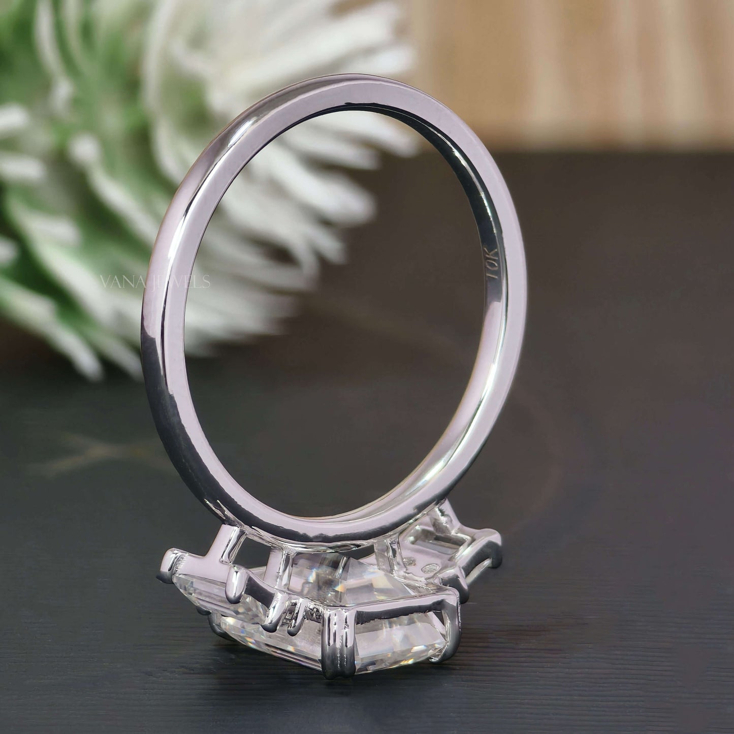3.29 CT Emerald Cut Moissanite Engagement Ring, Double Claw Prongs With Side Baguette & Round Cut Moissanite