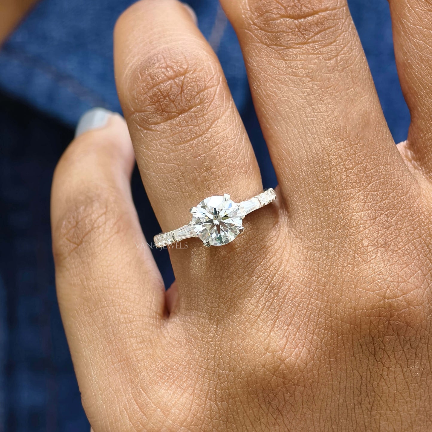 Round Cut Lab Grown Diamond Engagement Ring, Three Stone Ring