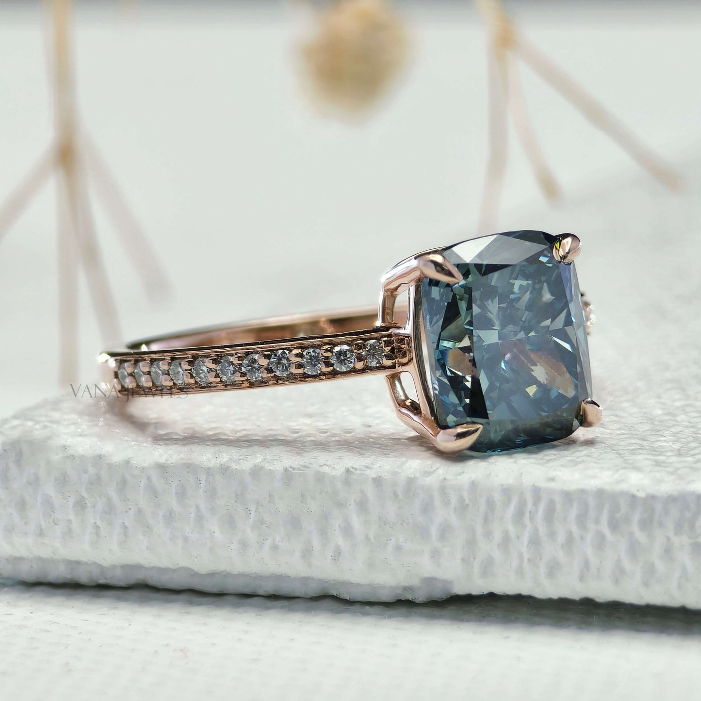 Blue Cushion Cut Lab Grown Diamond Engagement Ring