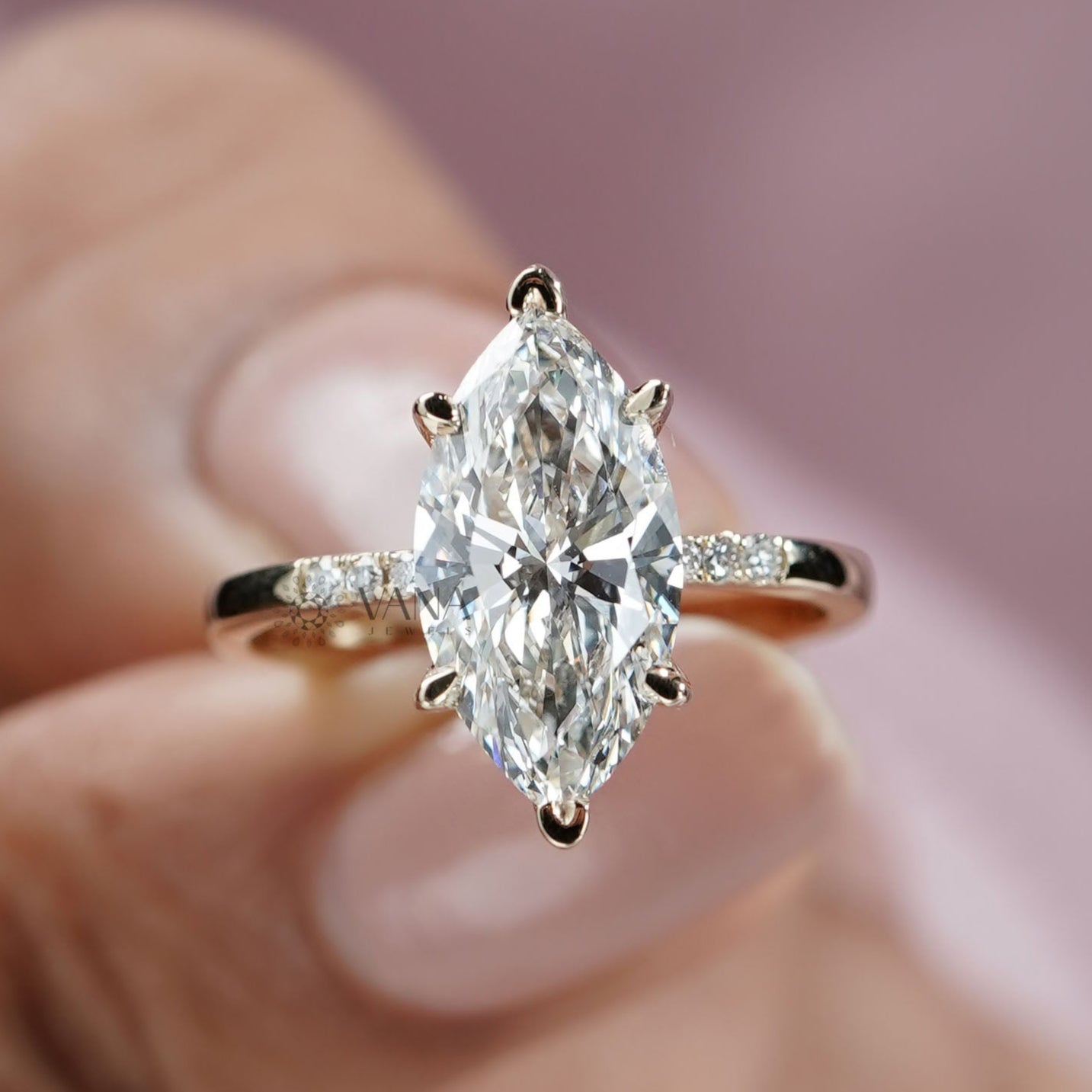 Marquise Cut Lab Grown Diamond Engagement Ring With Side Pave Diamonds