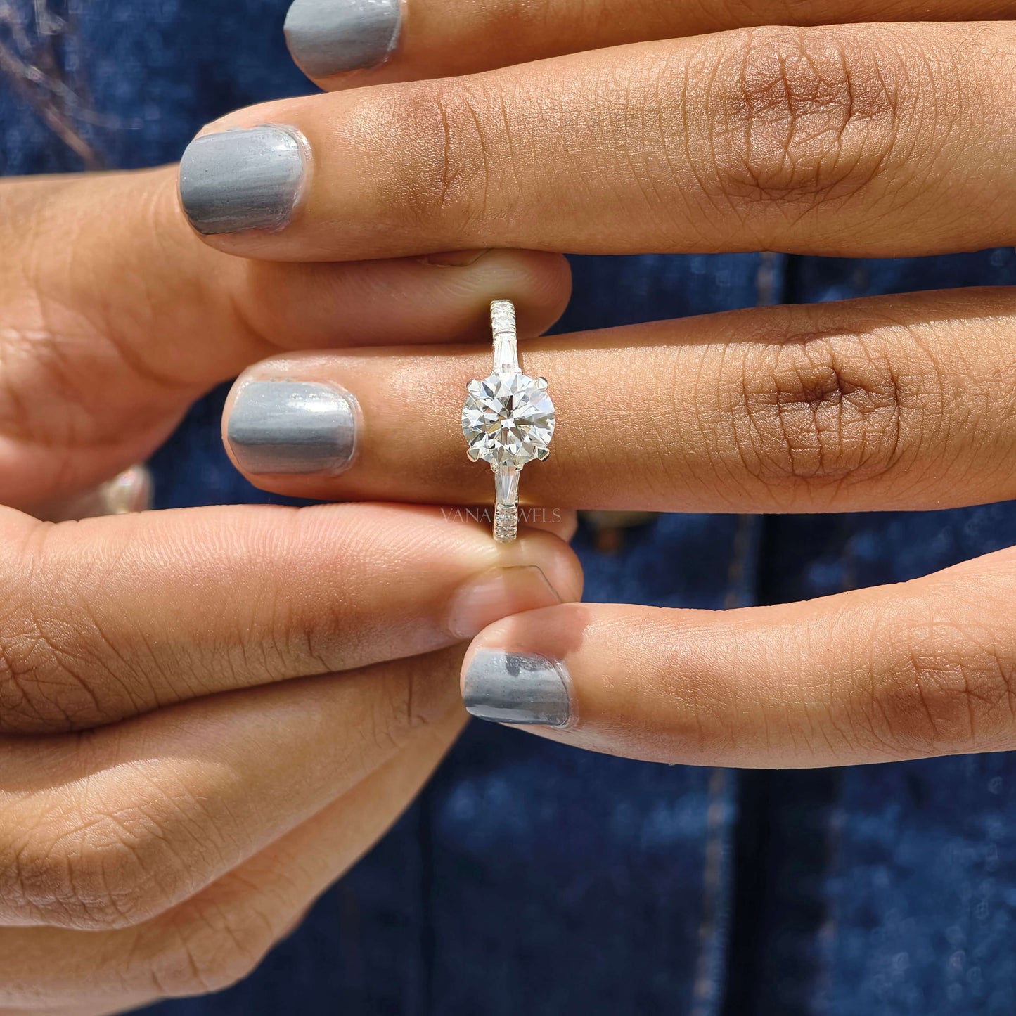 Round Cut Lab Grown Diamond Engagement Ring, Three Stone Ring