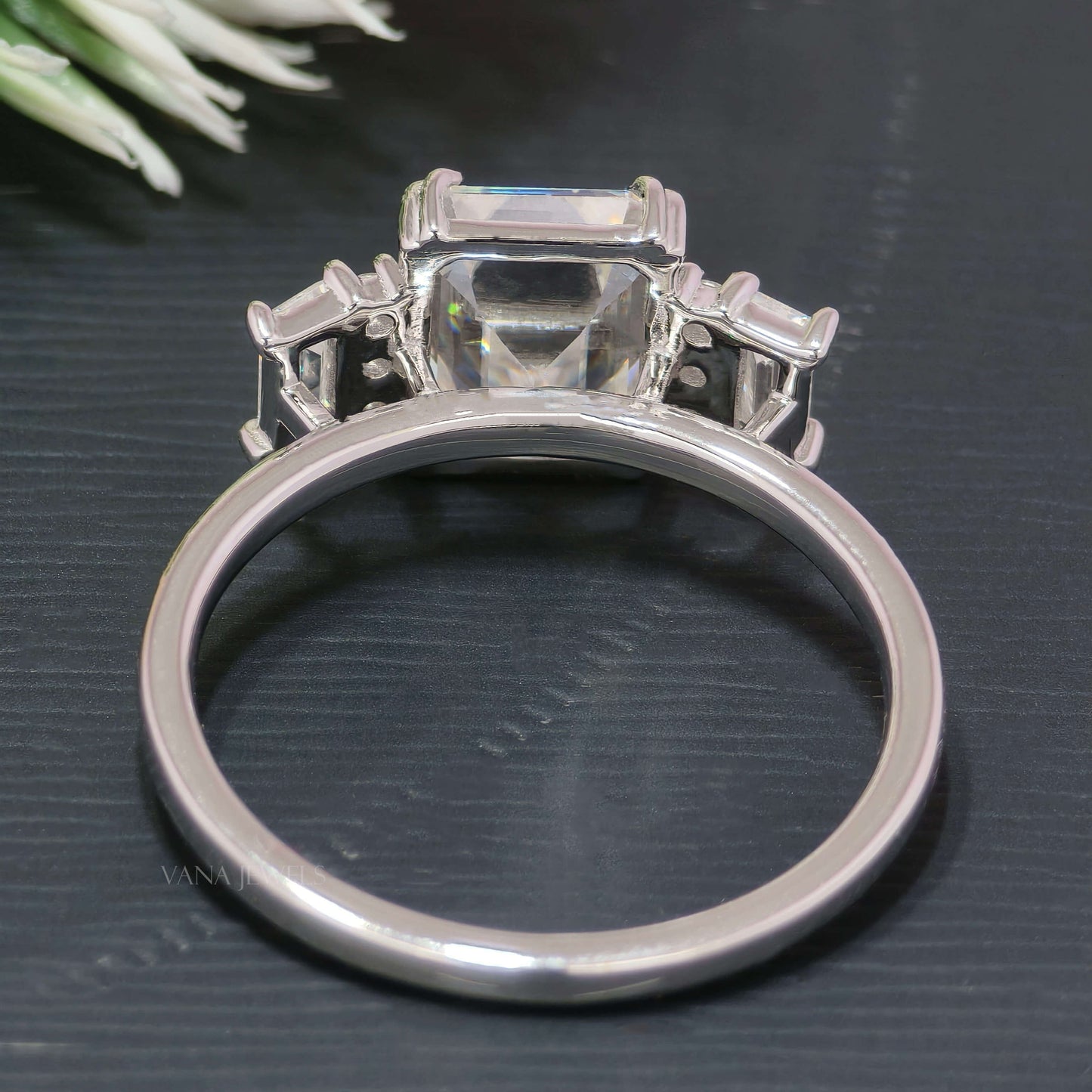 3.29 CT Emerald Cut Moissanite Engagement Ring, Double Claw Prongs With Side Baguette & Round Cut Moissanite