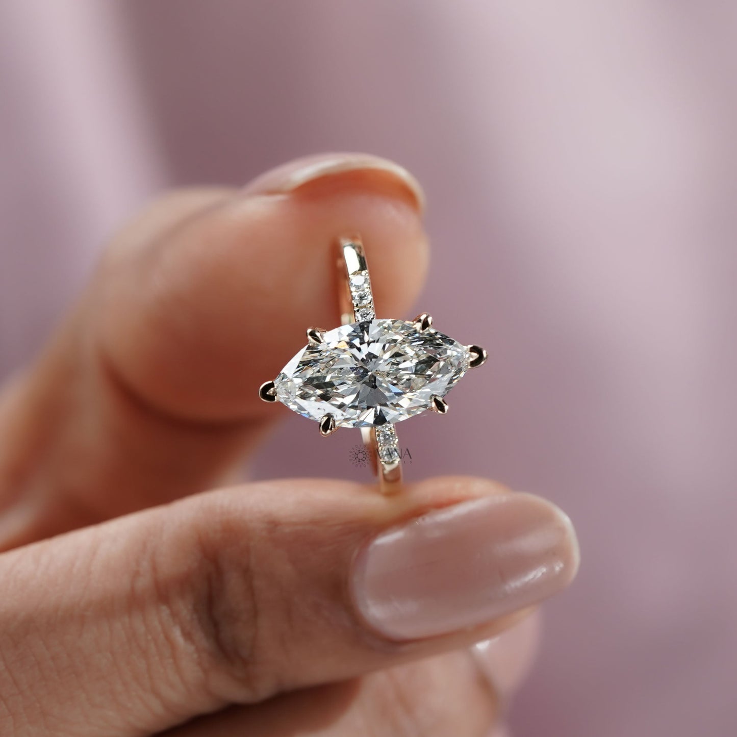 Marquise Cut Lab Grown Diamond Engagement Ring With Side Pave Diamonds