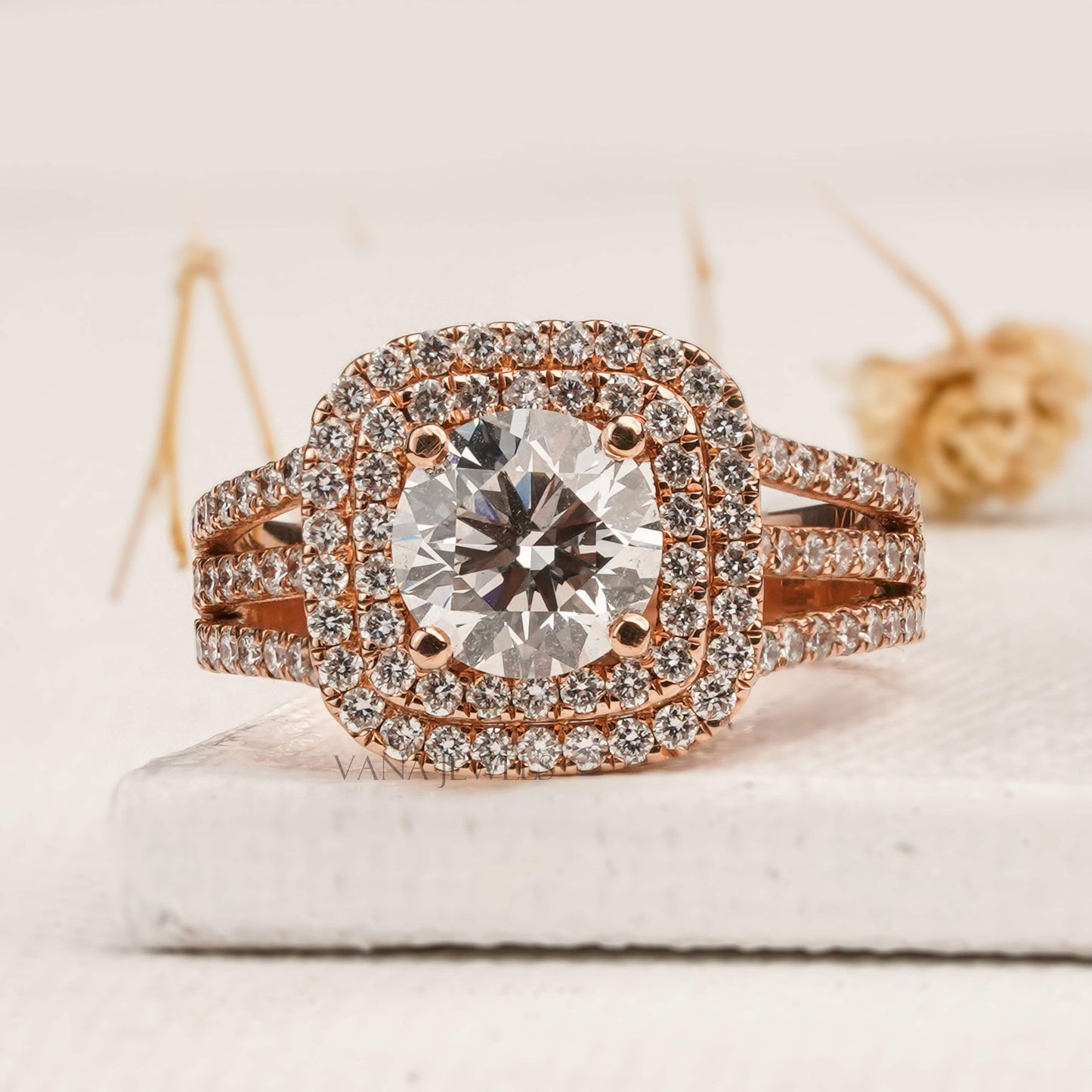 1.15 CT Round Cut Lab Grown Diamond Double Halo Engagement Ring - Split Shank Pave Style