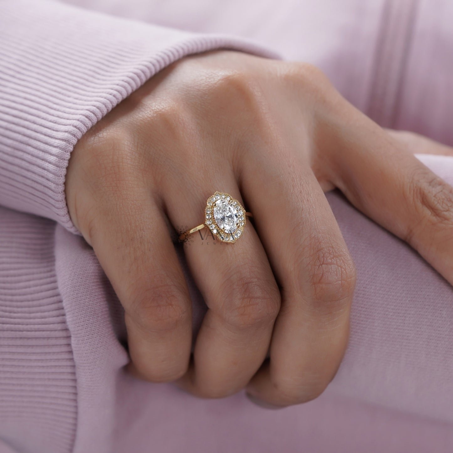 Milgrain Oval Cut Lab Diamond Halo Ring