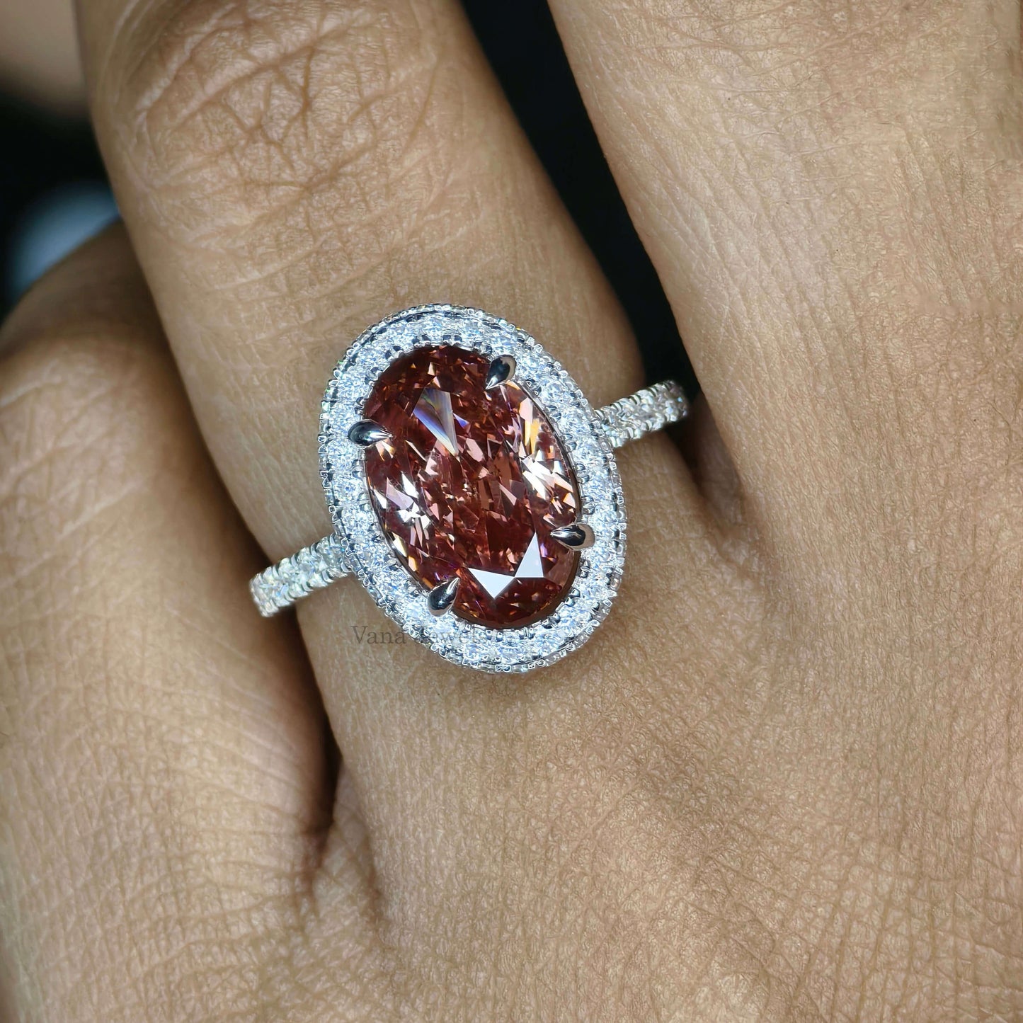 3.19 CT Brownish Pink Oval Cut Lab Grown Diamond Halo Engagement Ring