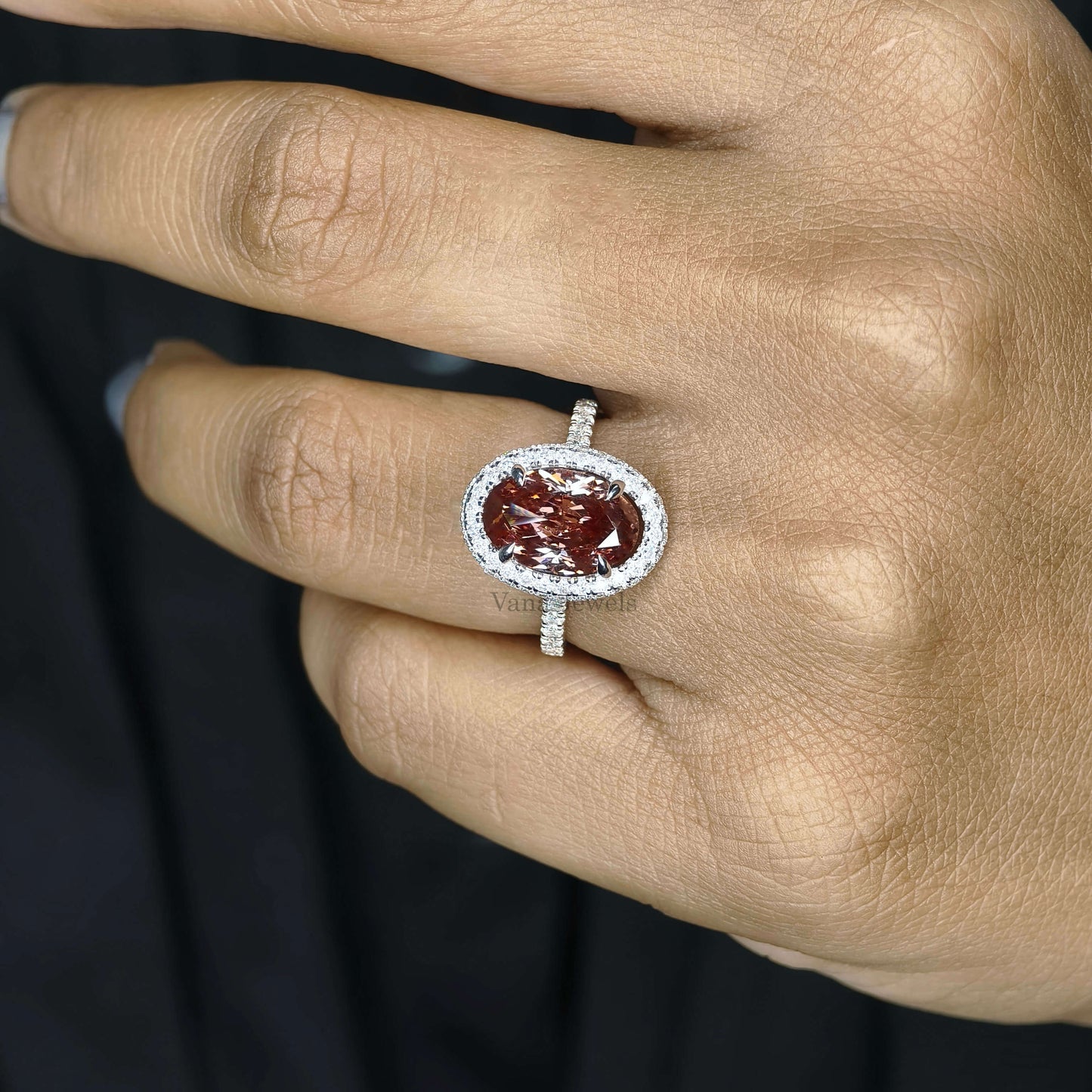 3.19 CT Brownish Pink Oval Cut Lab Grown Diamond Halo Engagement Ring