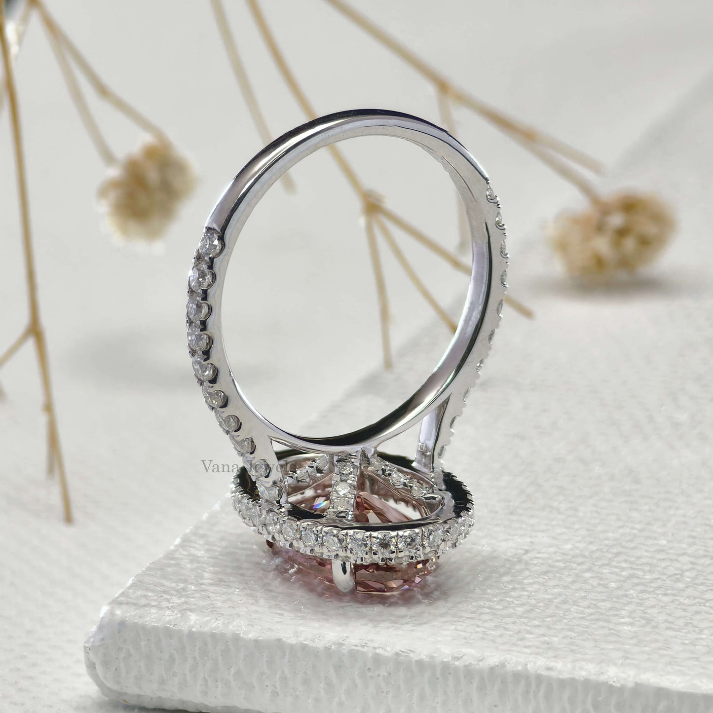 3.19 CT Brownish Pink Oval Cut Lab Grown Diamond Halo Engagement Ring