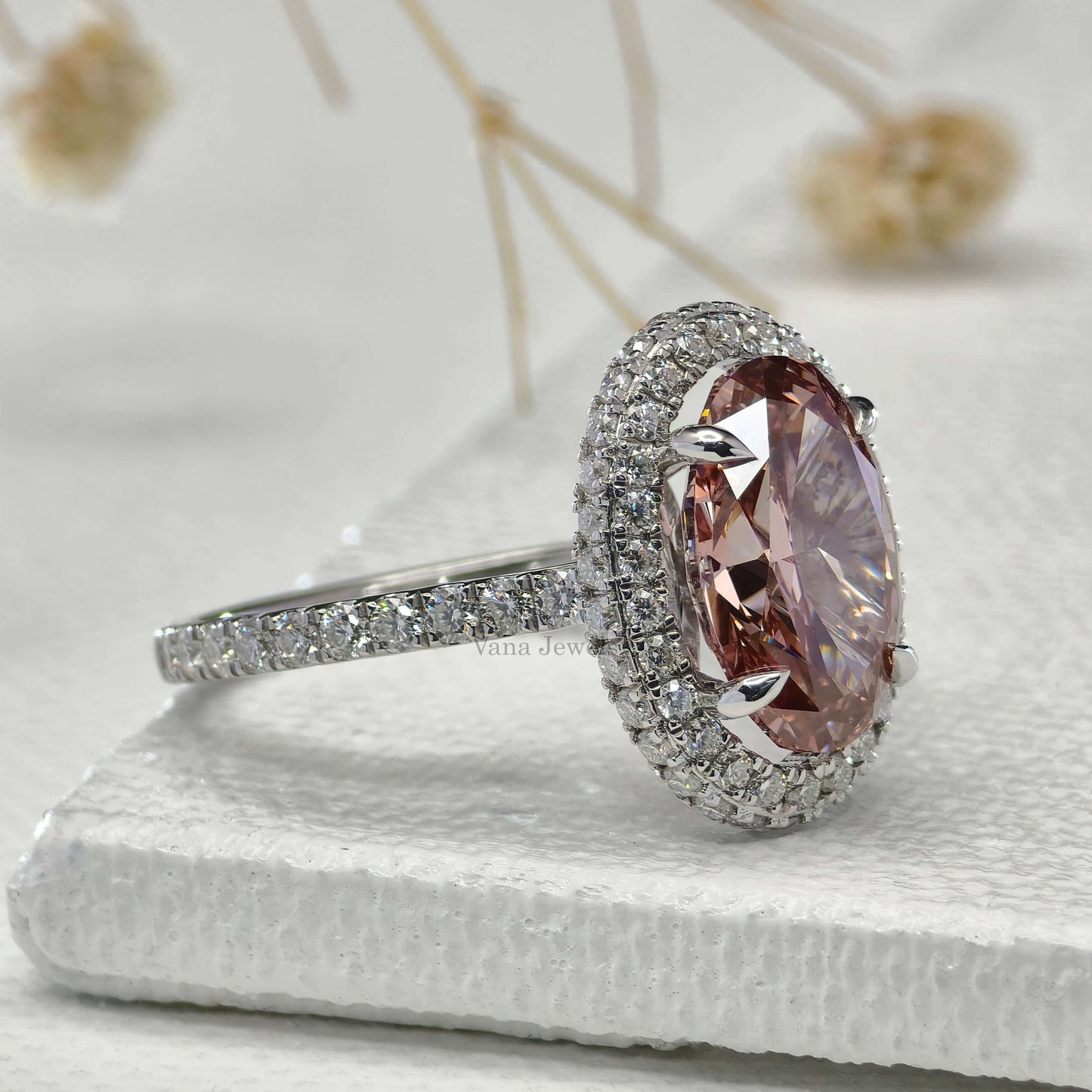 3.19 CT Brownish Pink Oval Cut Lab Grown Diamond Halo Engagement Ring