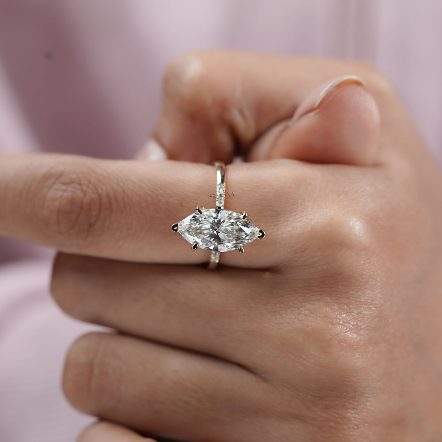 Marquise Cut Lab Grown Diamond Engagement Ring With Side Pave Diamonds