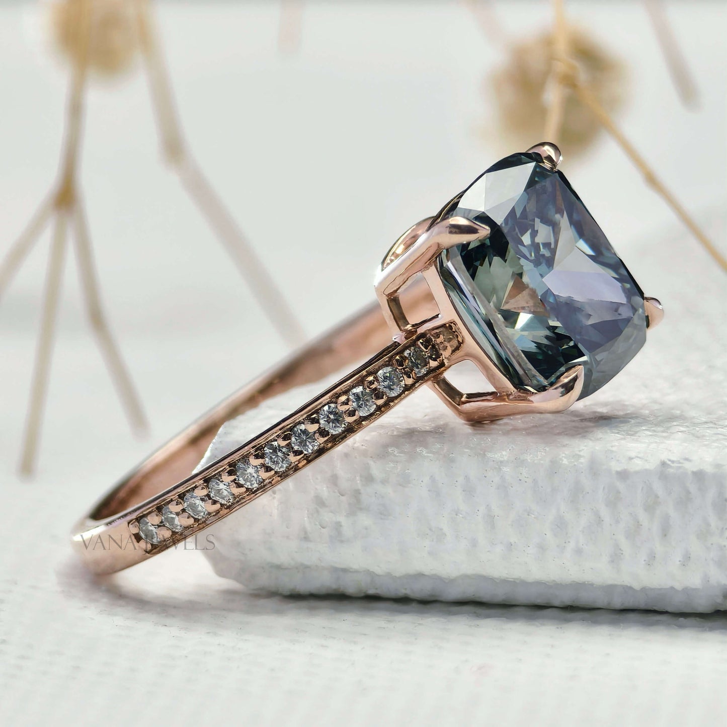 Blue Cushion Cut Lab Grown Diamond Engagement Ring