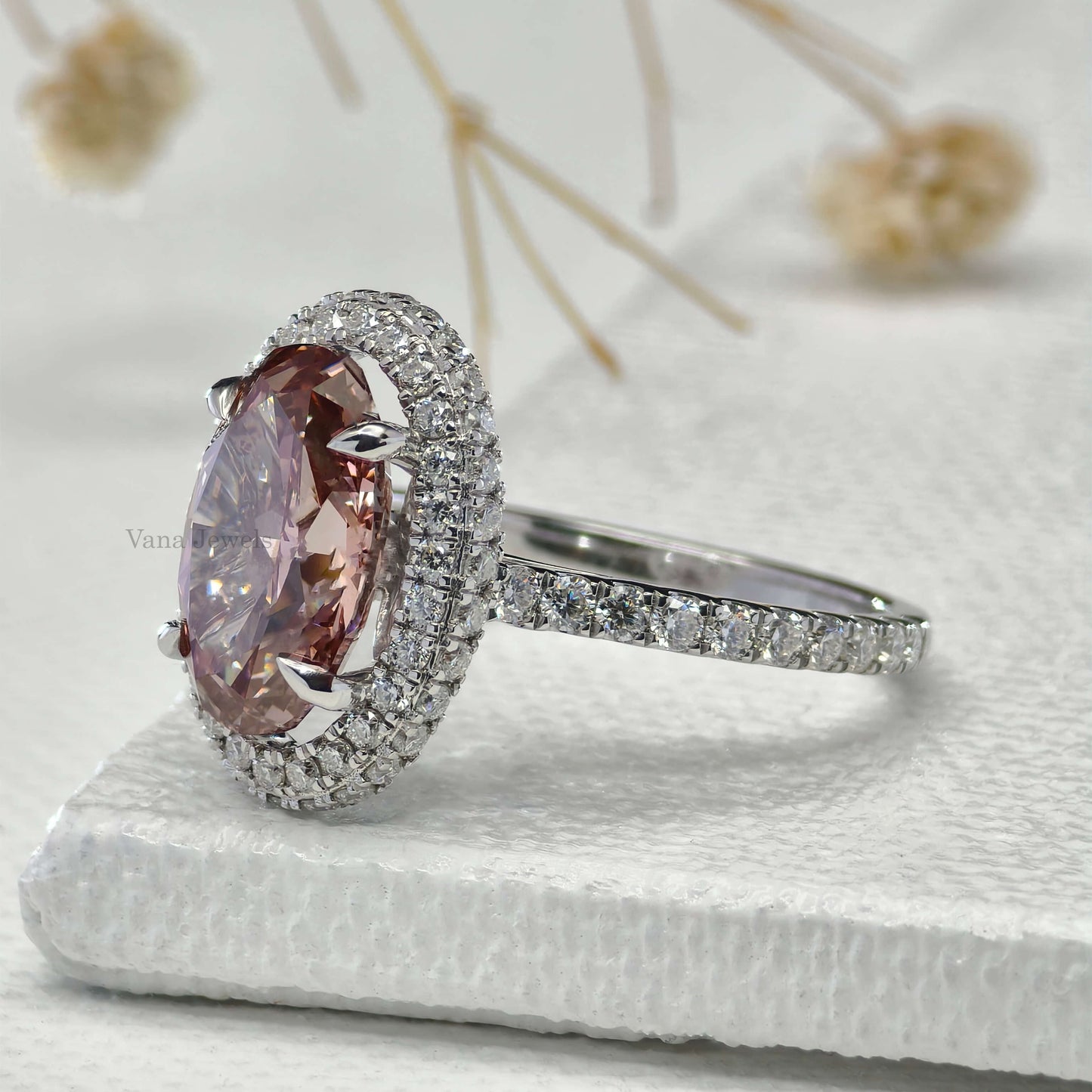3.19 CT Brownish Pink Oval Cut Lab Grown Diamond Halo Engagement Ring