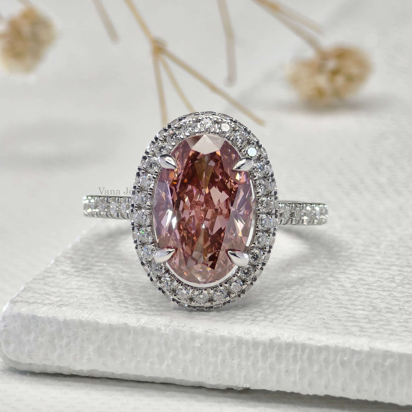 3.19 CT Brownish Pink Oval Cut Lab Grown Diamond Halo Engagement Ring