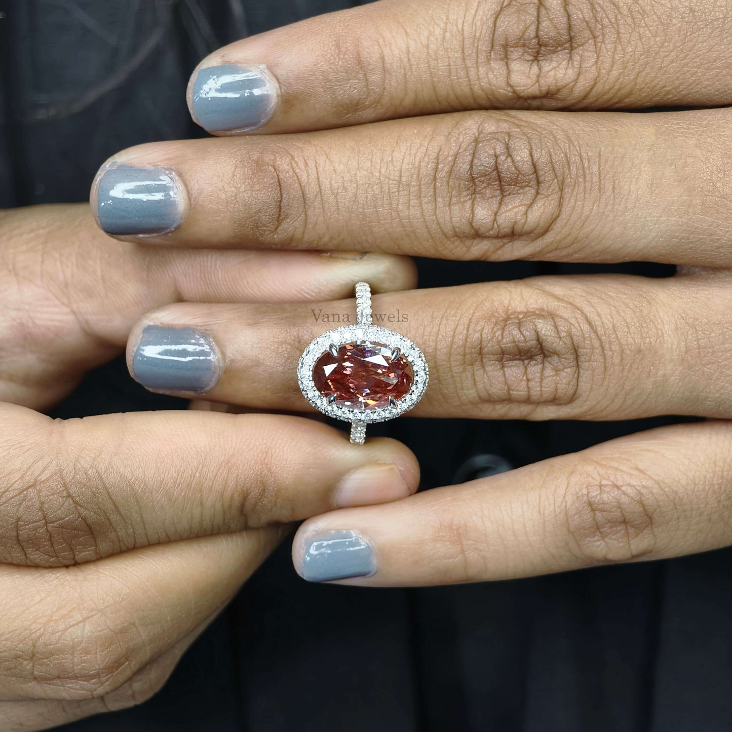 3.19 CT Brownish Pink Oval Cut Lab Grown Diamond Halo Engagement Ring