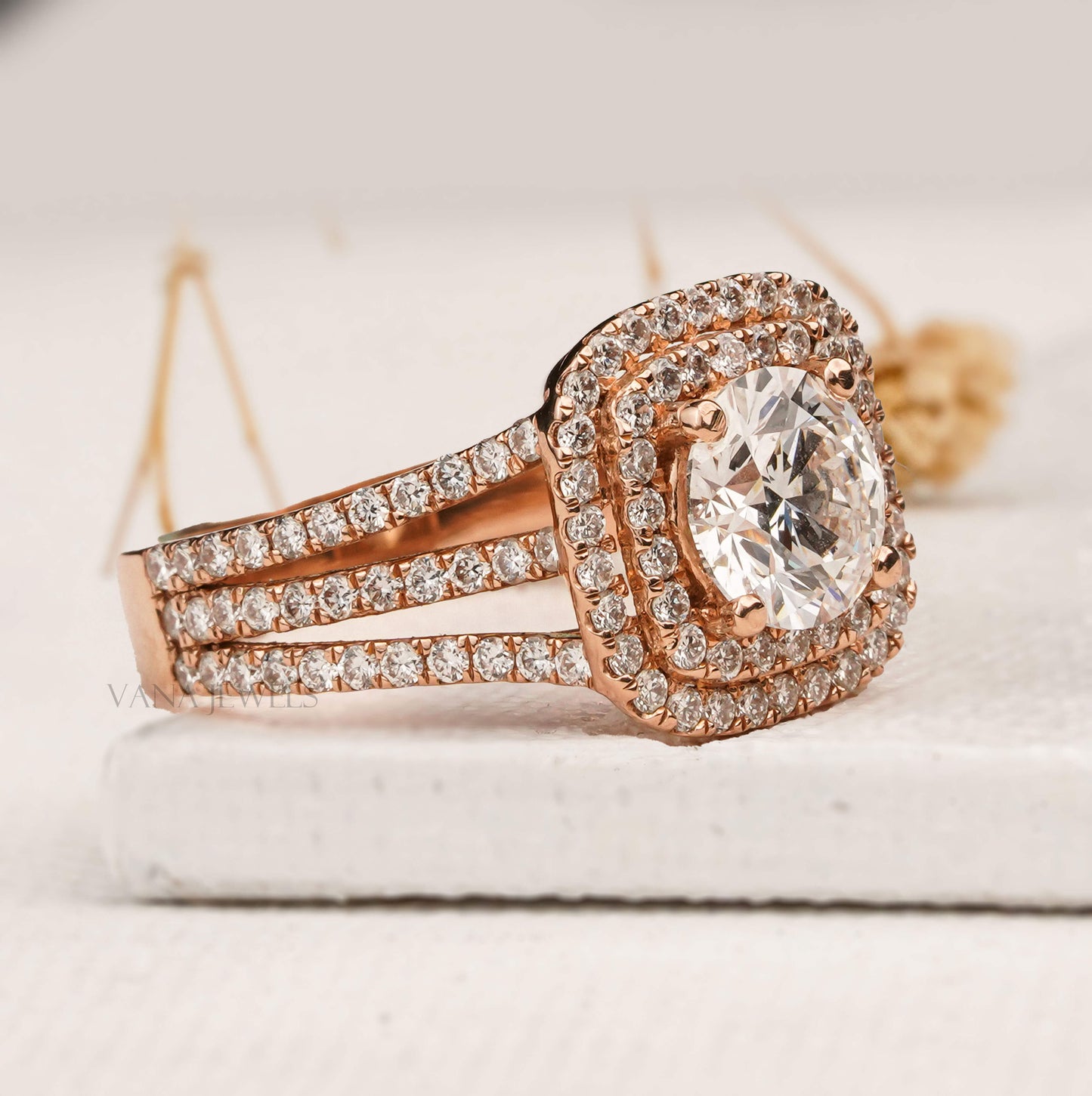 1.15 CT Round Cut Lab Grown Diamond Double Halo Engagement Ring - Split Shank Pave Style