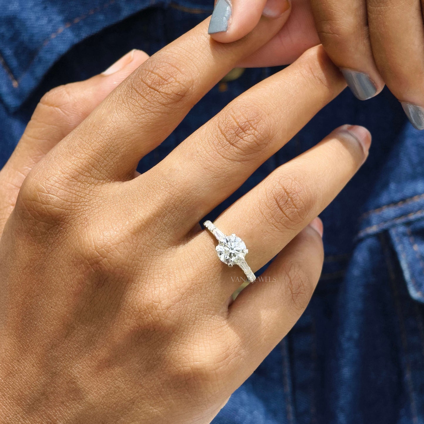 Round Cut Lab Grown Diamond Engagement Ring, Three Stone Ring