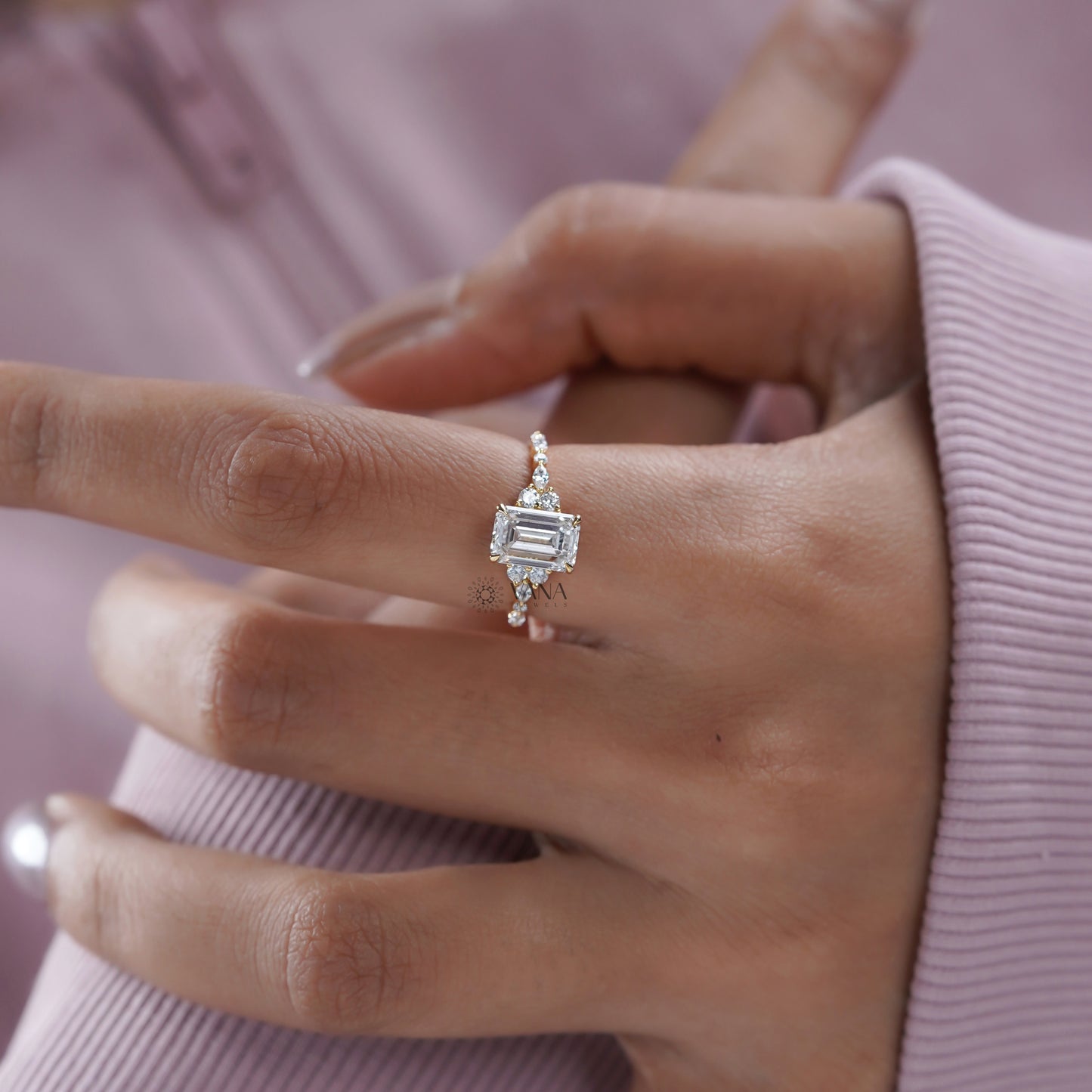 Emerald Cut Diamond Ring With Side Marquise and Round Eternity Band