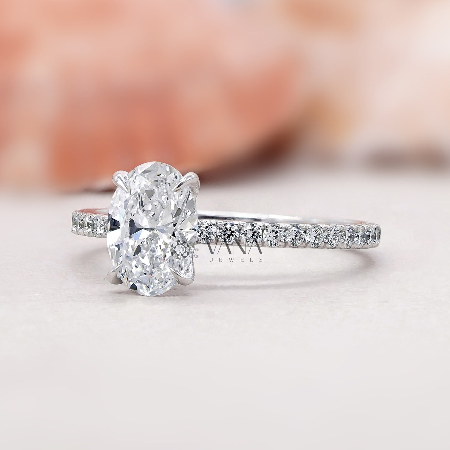 Oval Cut Lab Diamond Ring with Pave Band