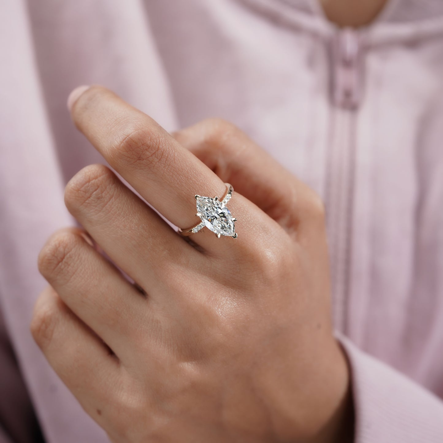 Marquise Cut Lab Grown Diamond Engagement Ring With Side Pave Diamonds