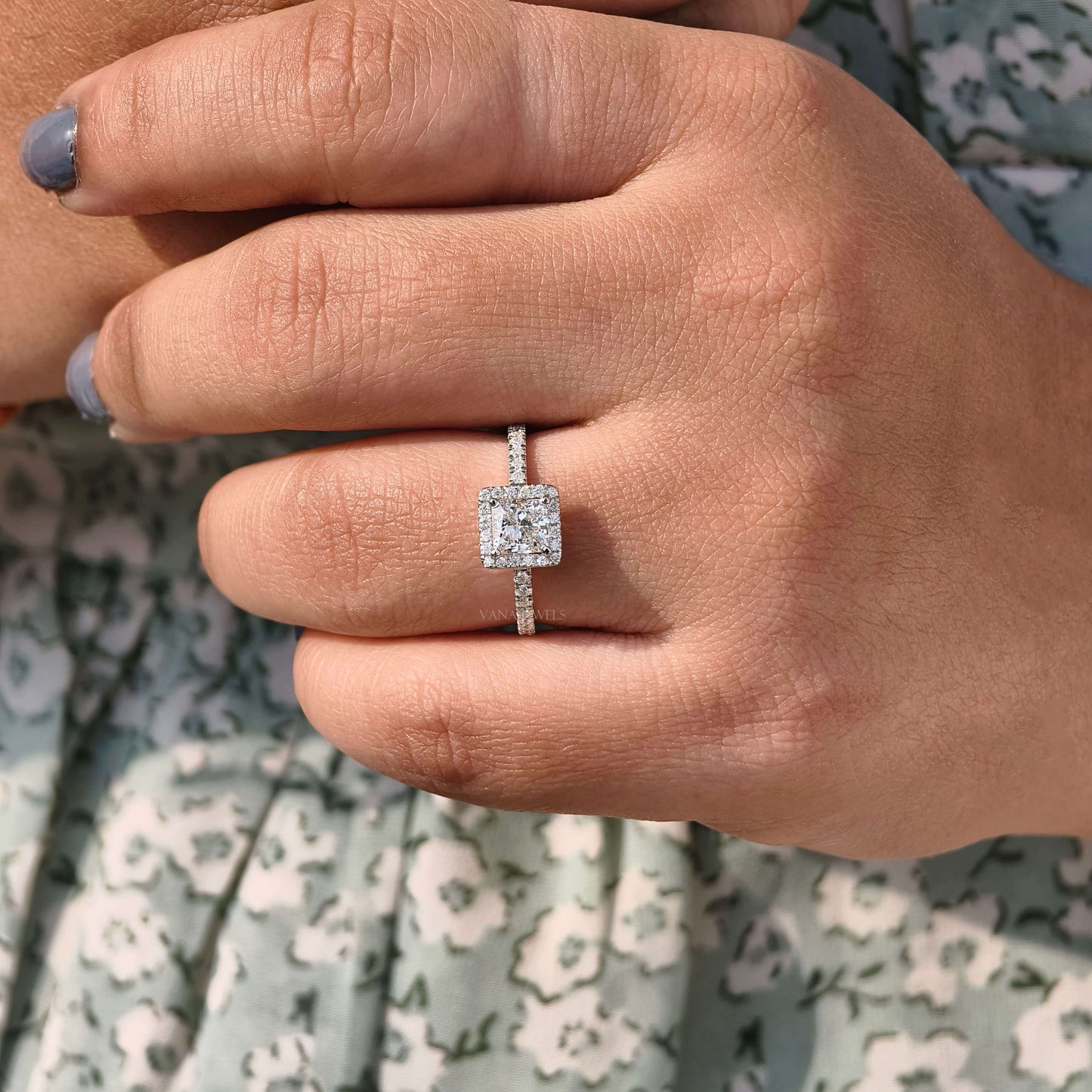 Princess Cut Lab Grown Diamond Halo Engagement Ring - Pave Setting