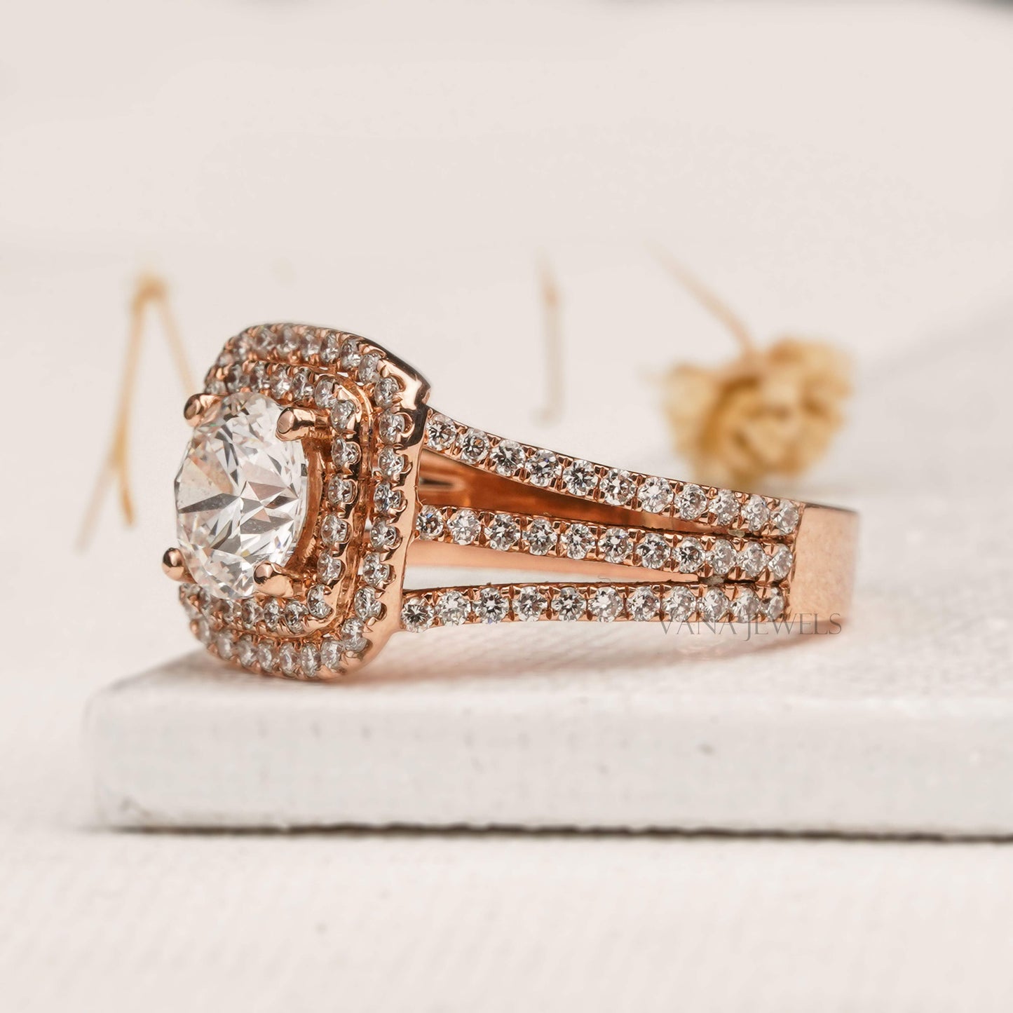 1.15 CT Round Cut Lab Grown Diamond Double Halo Engagement Ring - Split Shank Pave Style
