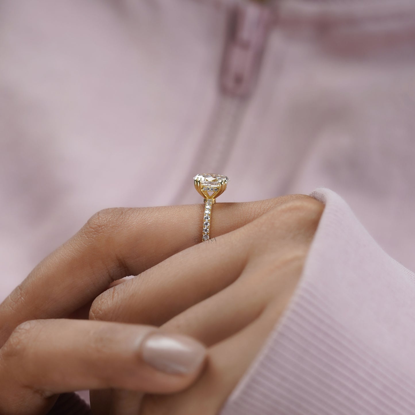 Modern oval lab diamond hidden halo ring with pave shank and double prongs