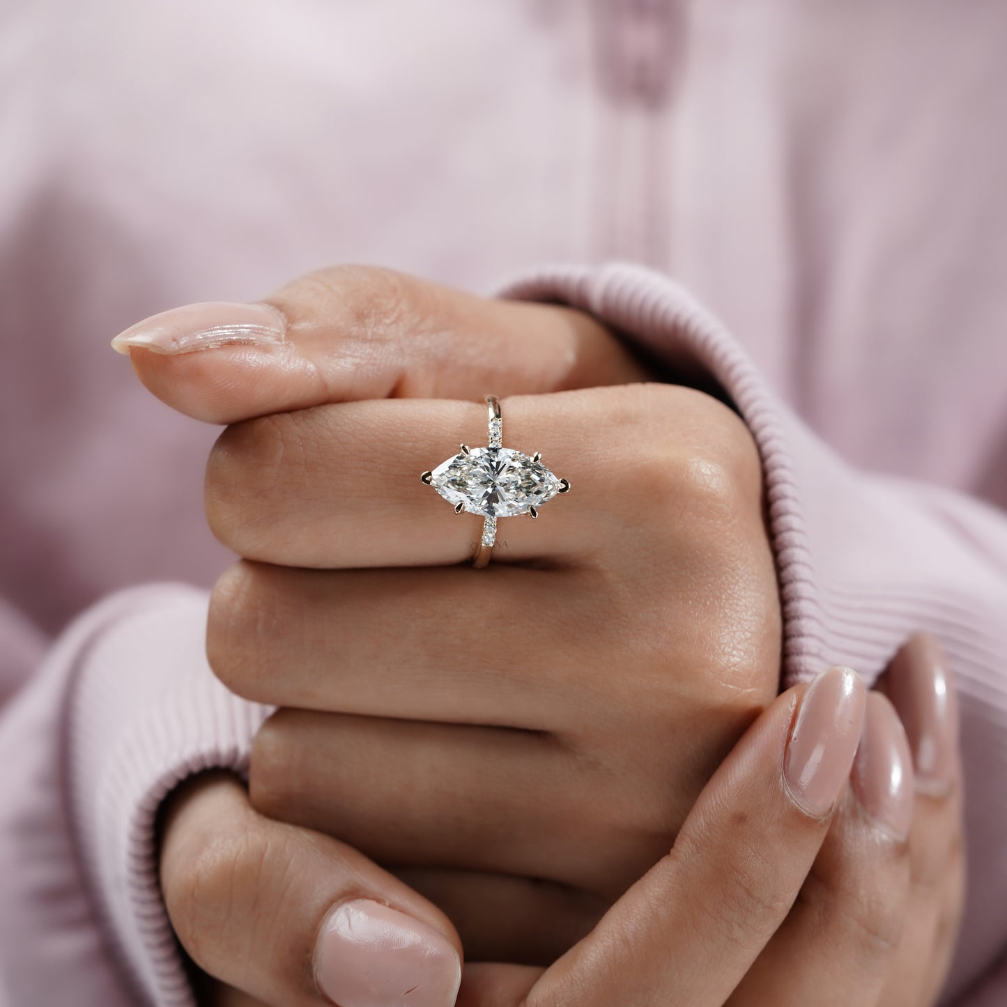 Marquise Cut Lab Grown Diamond Engagement Ring With Side Pave Diamonds