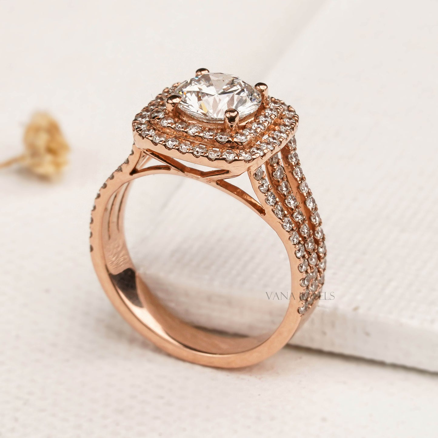 1.15 CT Round Cut Lab Grown Diamond Double Halo Engagement Ring - Split Shank Pave Style