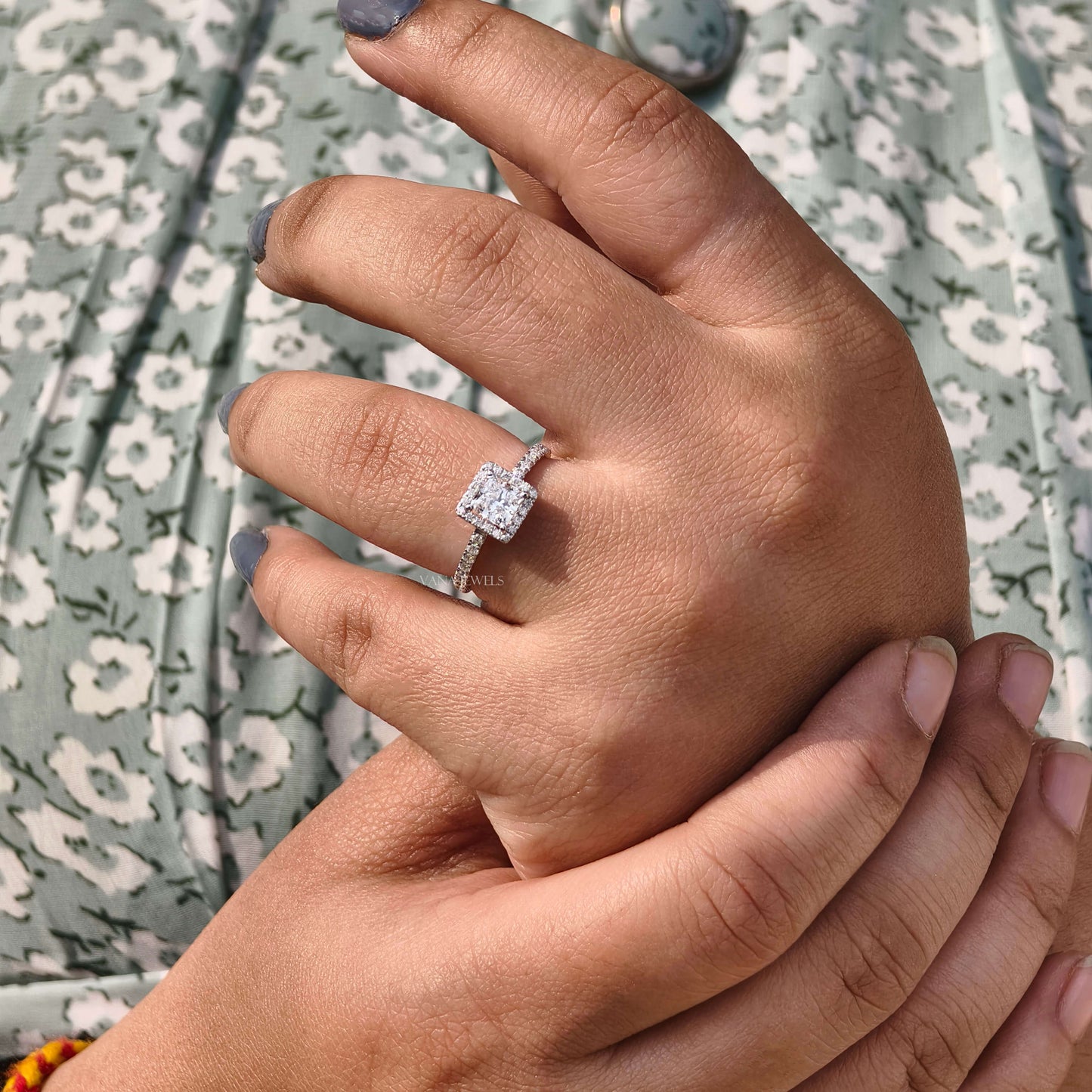 Princess Cut Lab Grown Diamond Halo Engagement Ring - Pave Setting