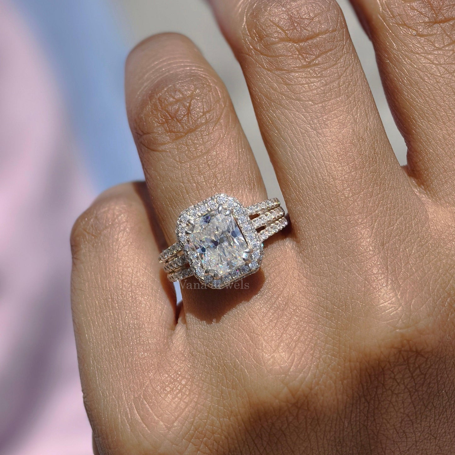 Three row pave moissanite ring