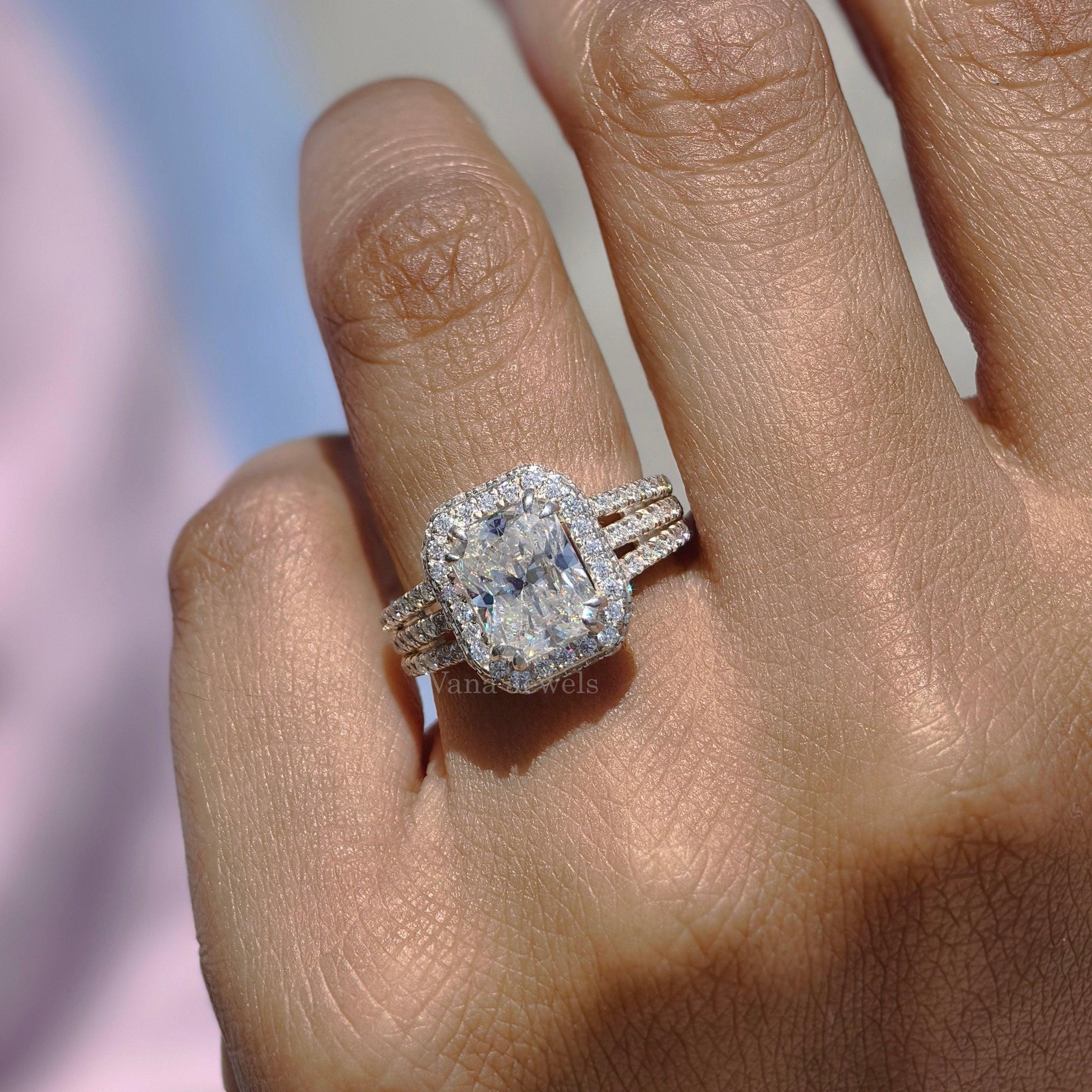 Three row pave moissanite ring