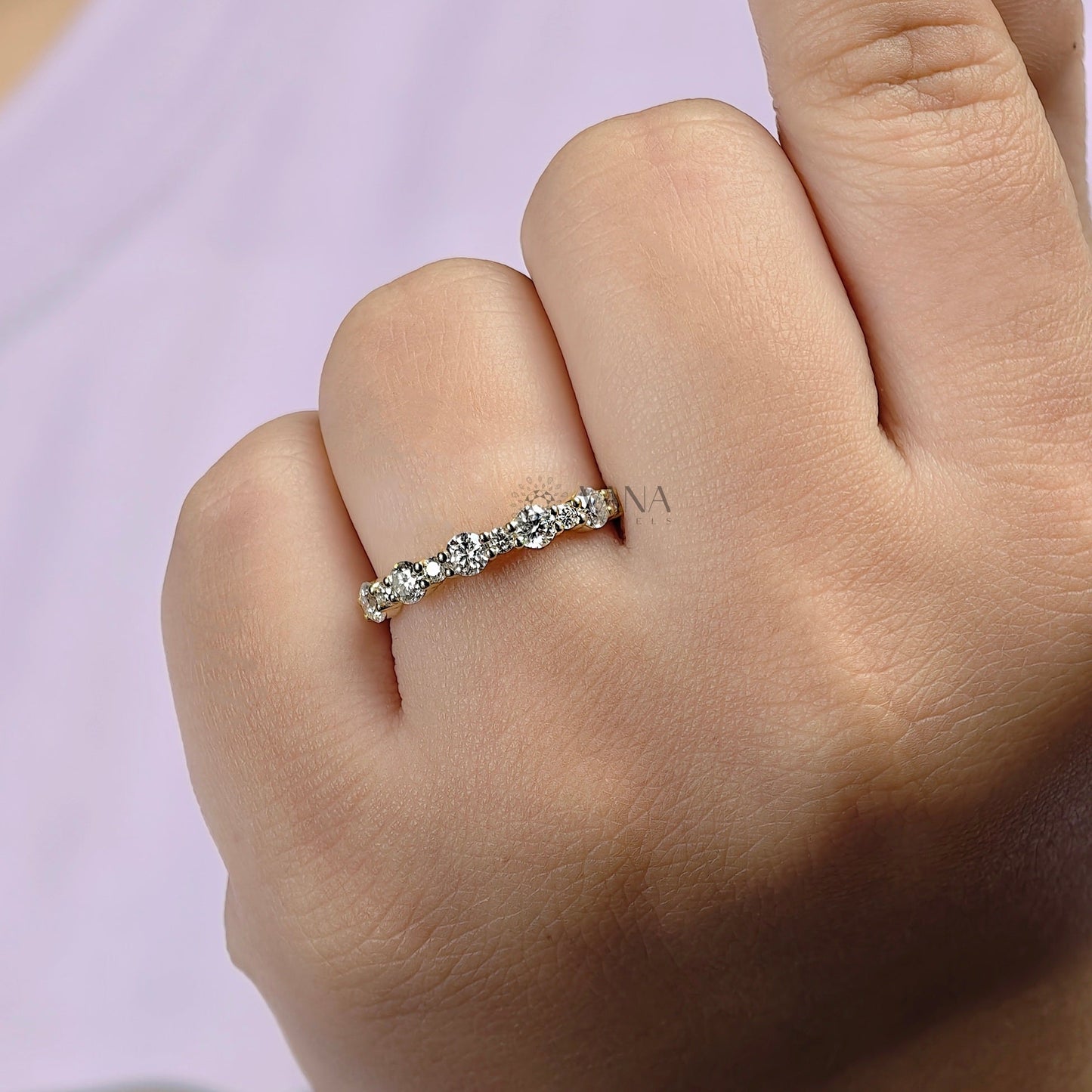 Floating Bubble Round Moissanite Half Eternity Wedding Band in Yellow Gold Jewelry