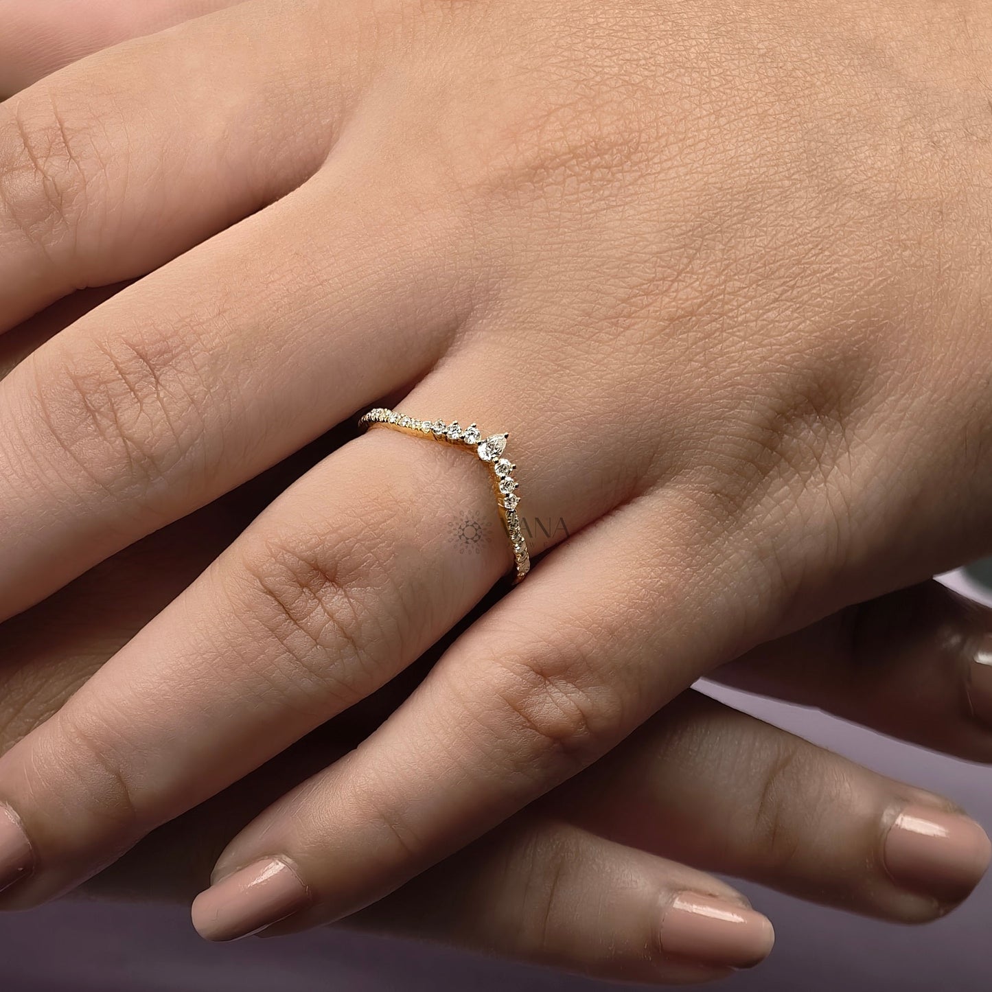 V Shaped Chevron Wedding Band with Pear and Round Cut Moissanite Ring