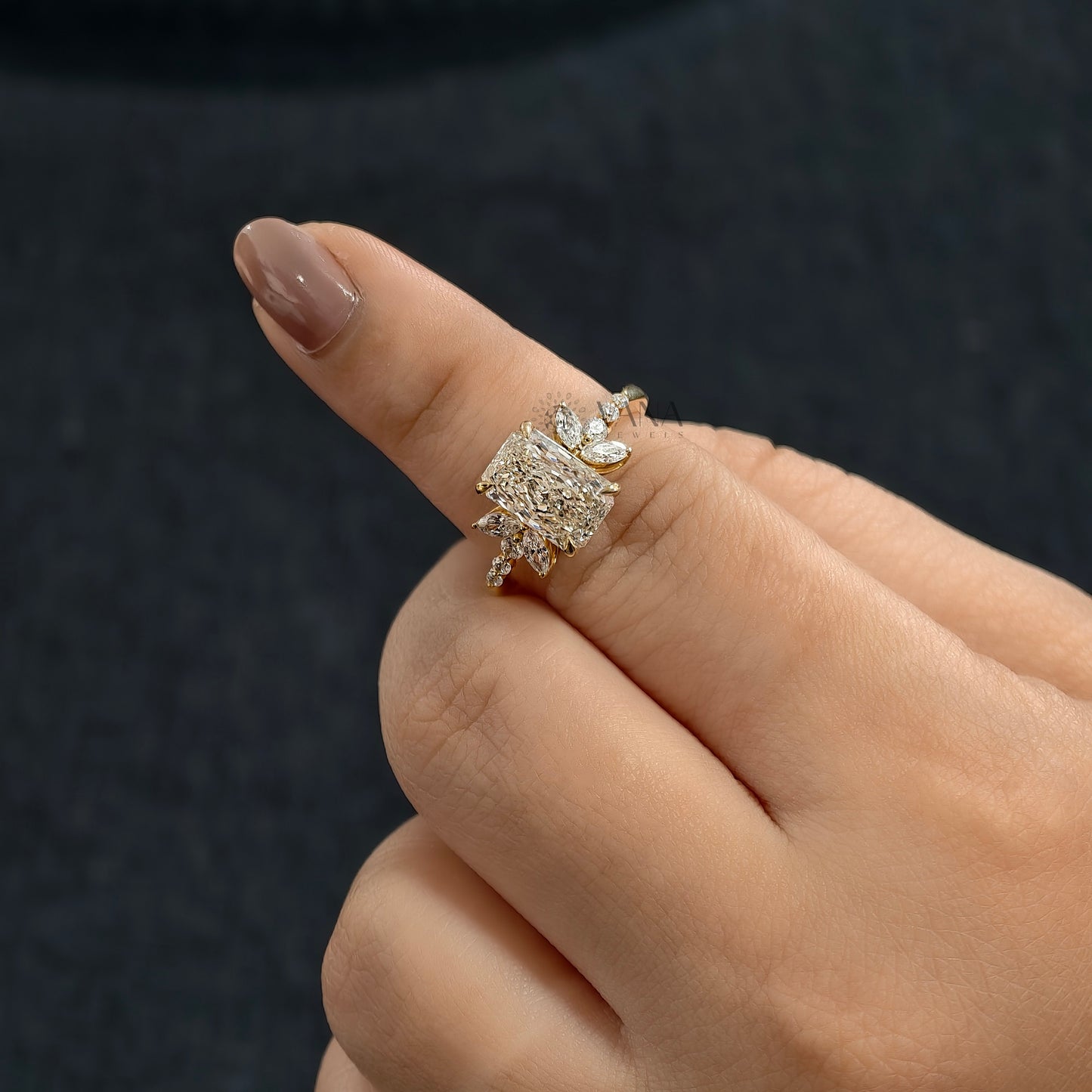 Radiant Cut Moissanite Engagement Ring with Floral Marquise Design in Yellow Gold