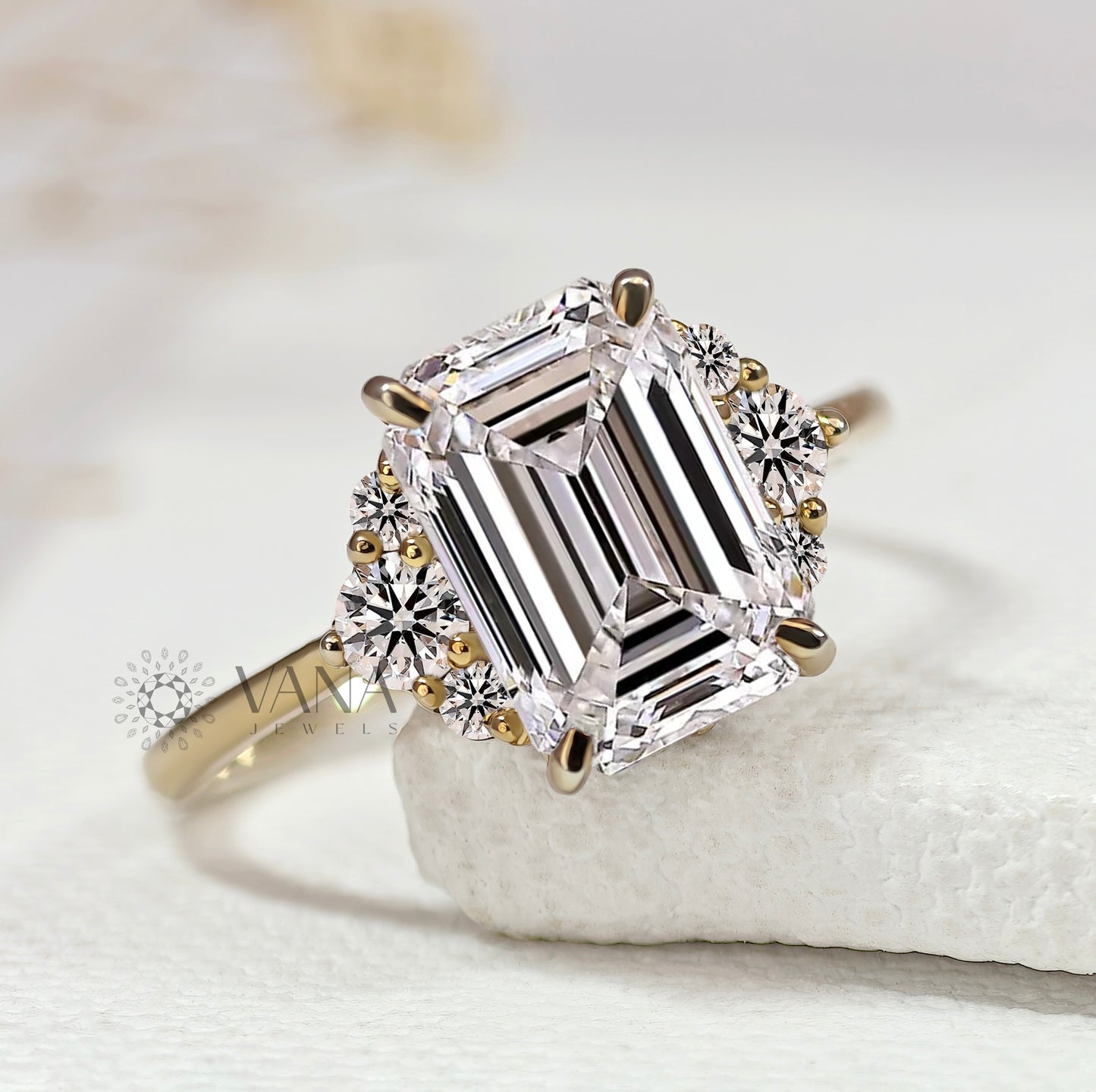 Emerald Cut Lab-Grown Diamond Engagement Ring, Seven Stone Cluster Ring