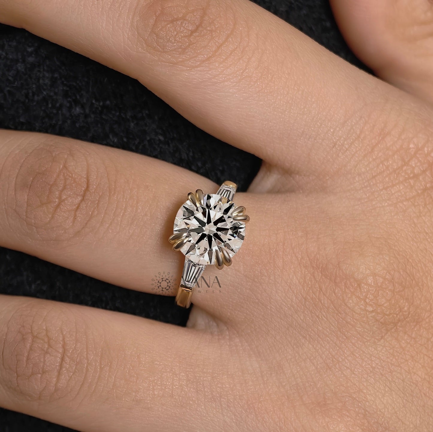 Round Lab-Grown Diamond Three Stone Engagement Ring with Tapered Baguette Sides
