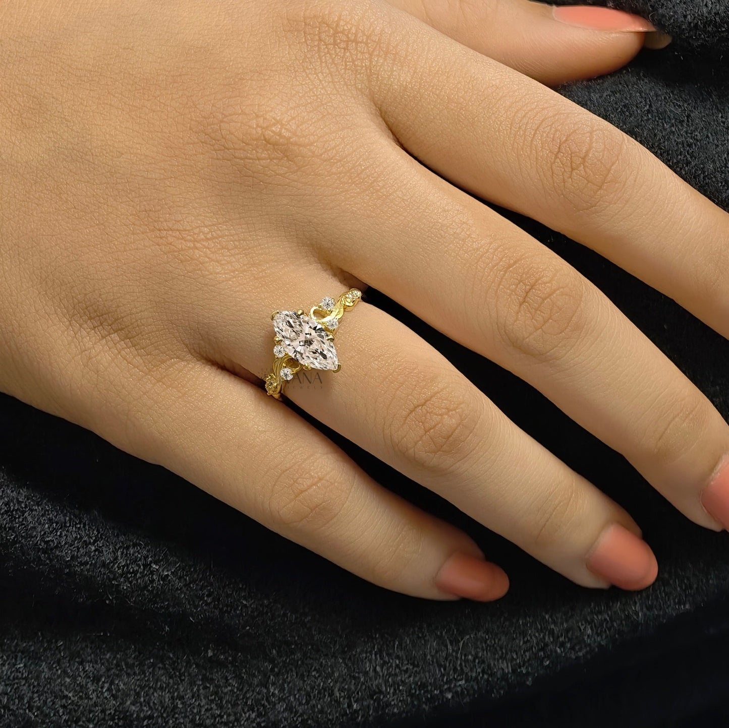 Unique Marquise Cut Moissanite Fairy Flower Engagement Ring Art Deco Style