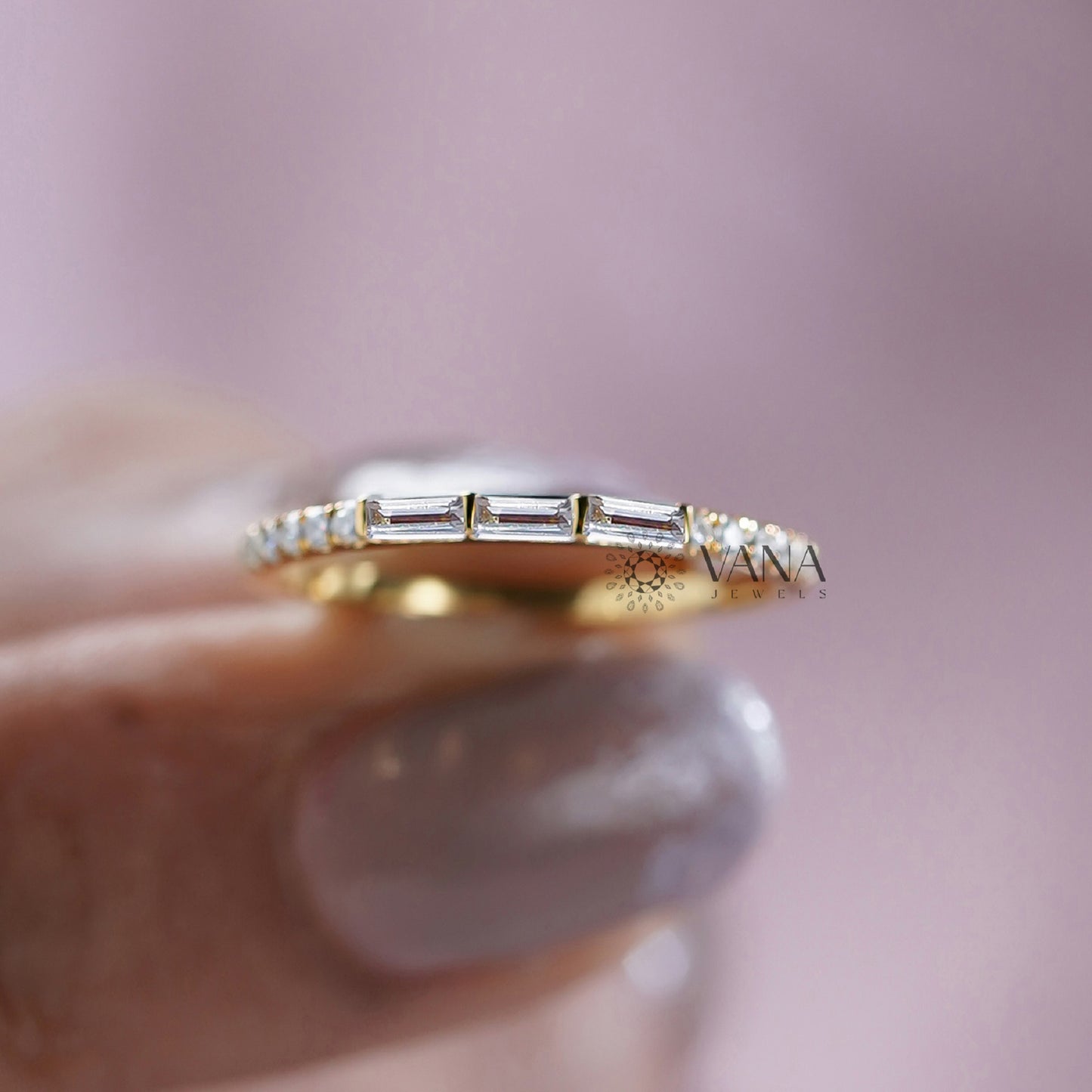 Baguette and Round Cut Lab Grown Diamond Minimalist Wedding Band