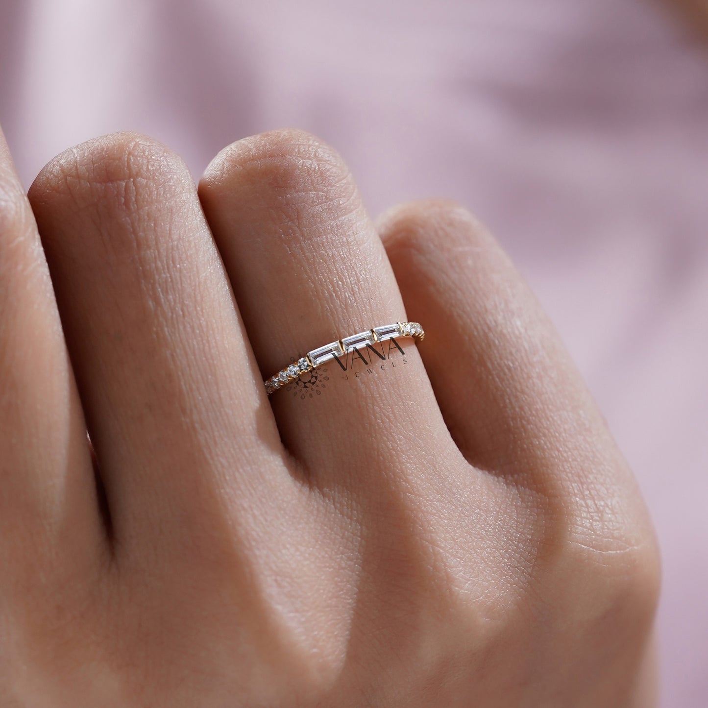 Baguette and Round Cut Lab Grown Diamond Minimalist Wedding Band