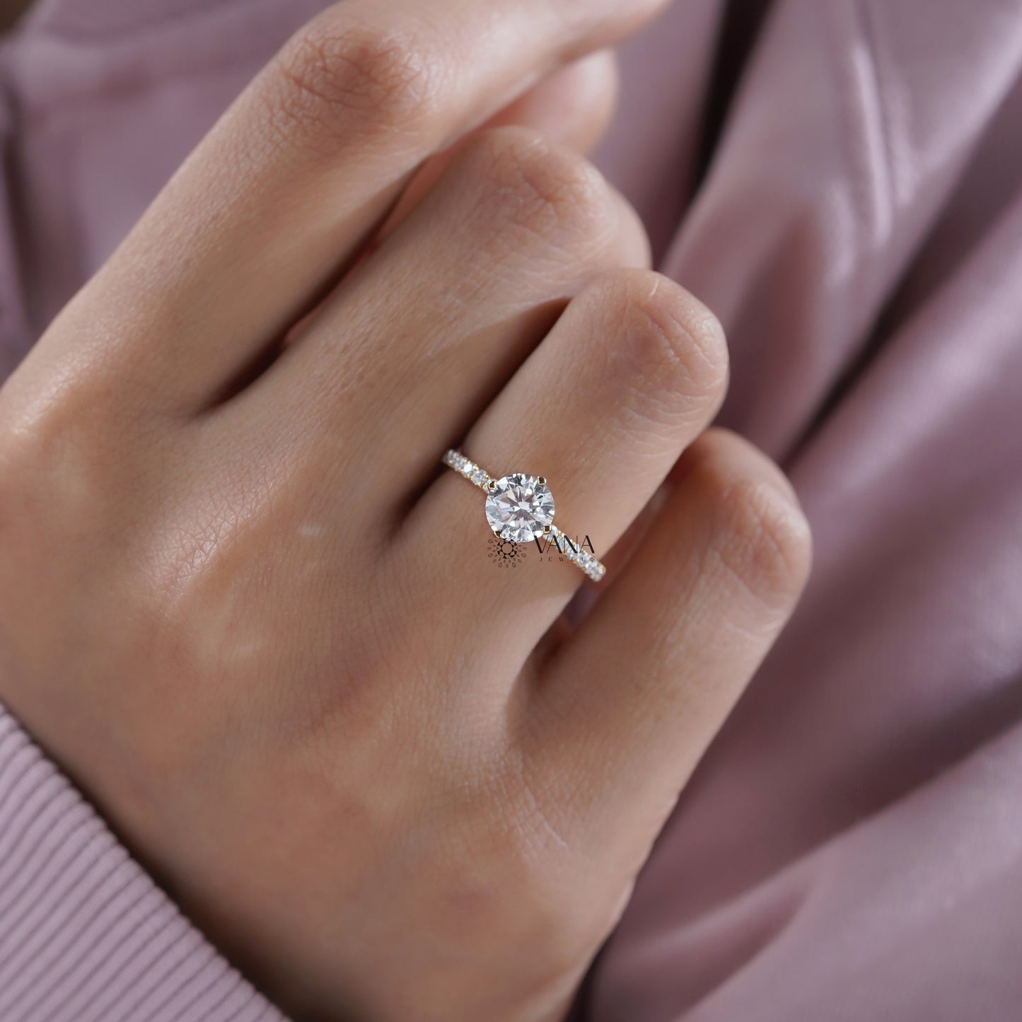 pave band yellow gold solitaire ring