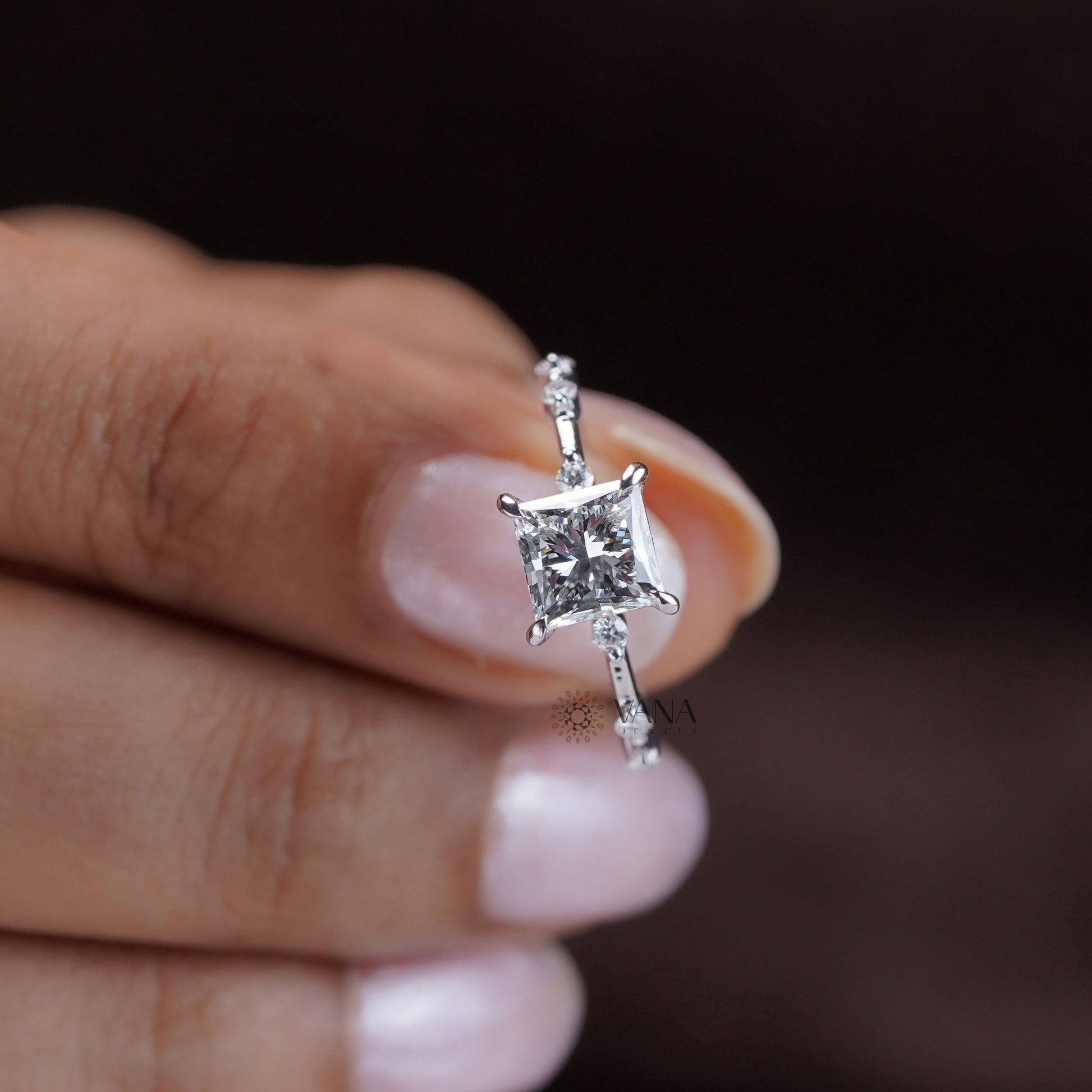 Princess cut moissanite Engagement ring with distance pave side stones