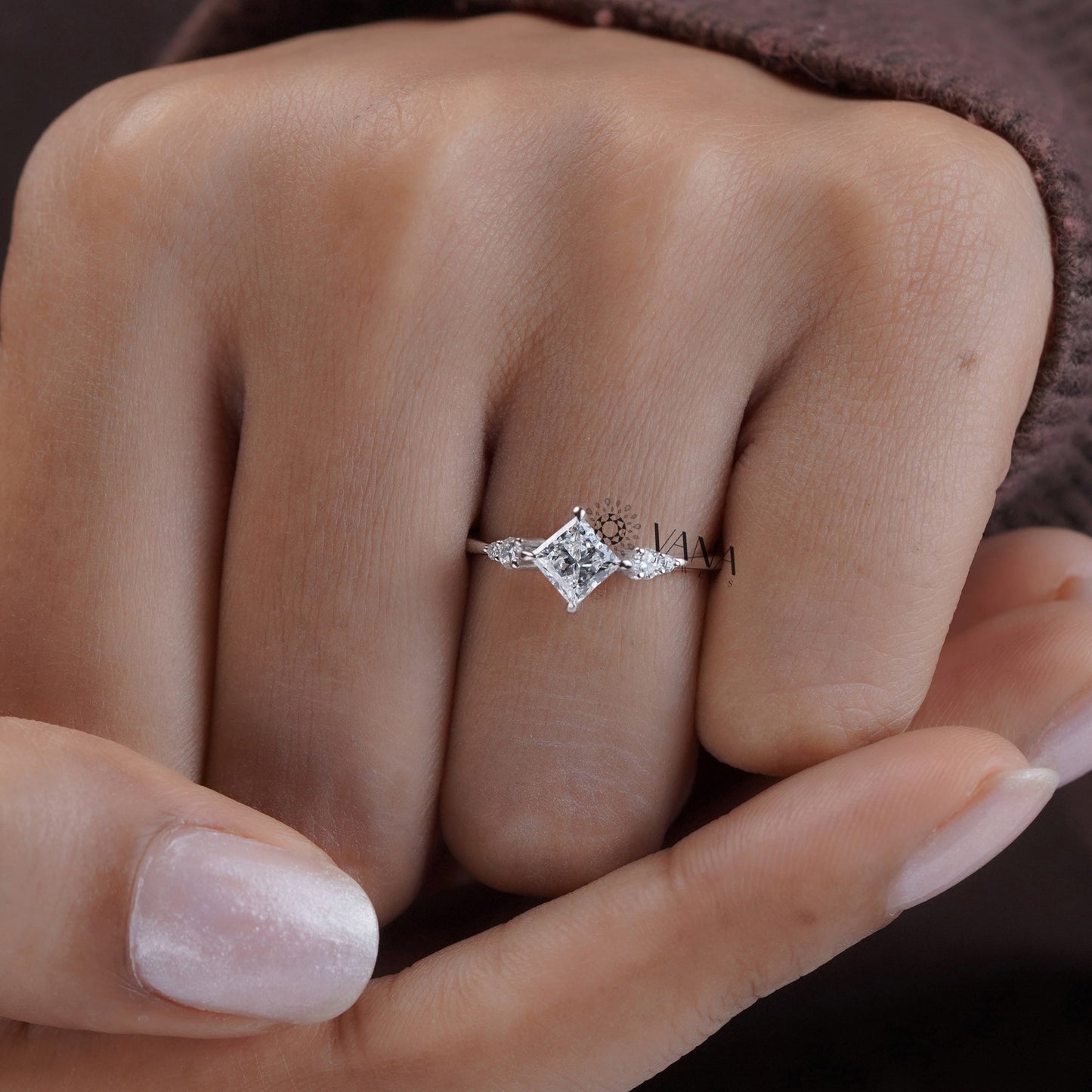 Round and princess moissanite ring