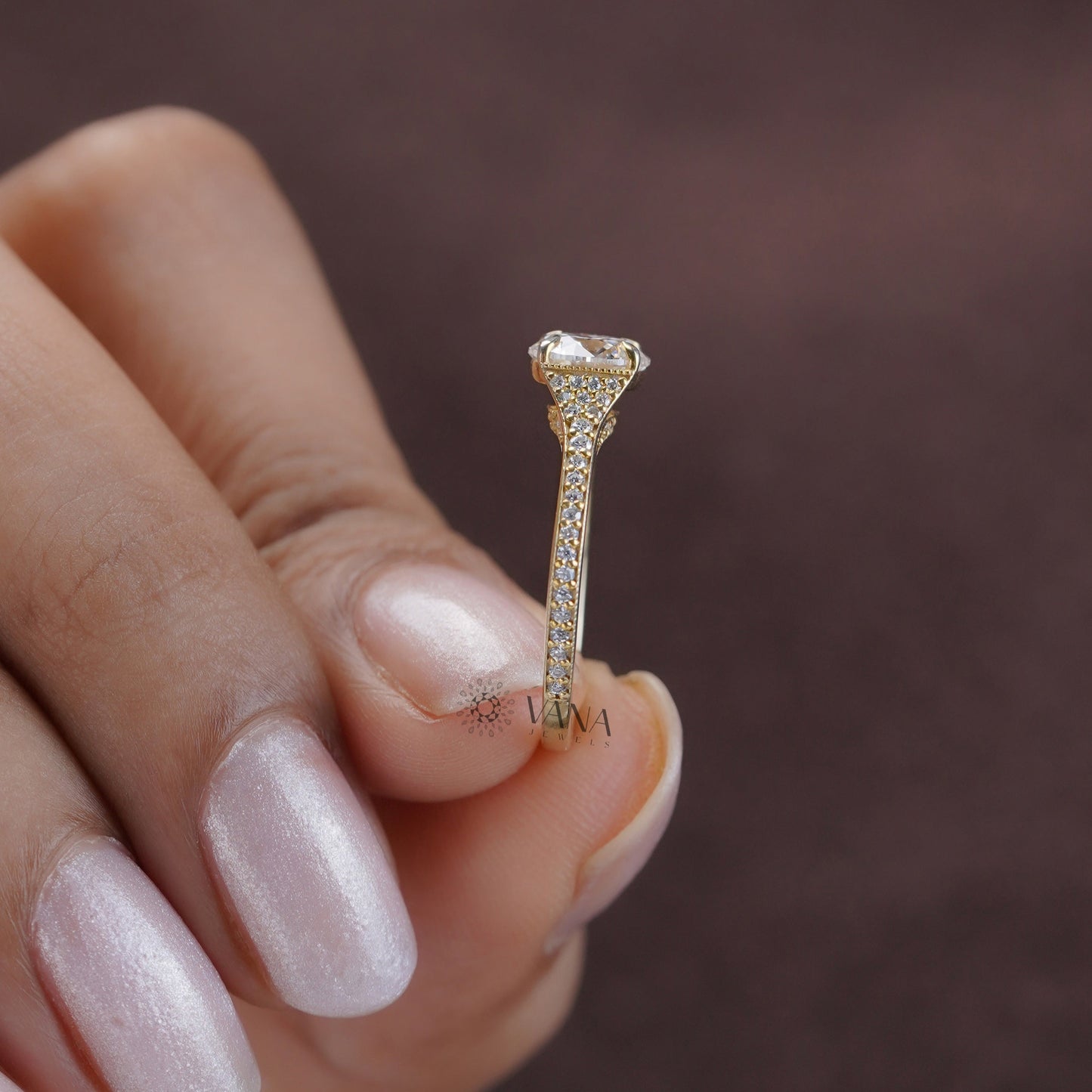 Round Cut Moissanite Engagement Ring with Hidden Halo and Pave set in Yellow Gold