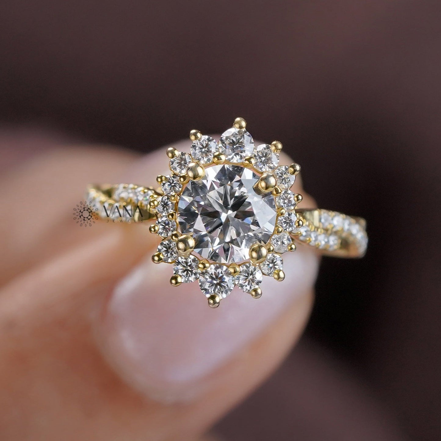 Sunburst halo moissanite ring in yellow gold with sparkling pave band