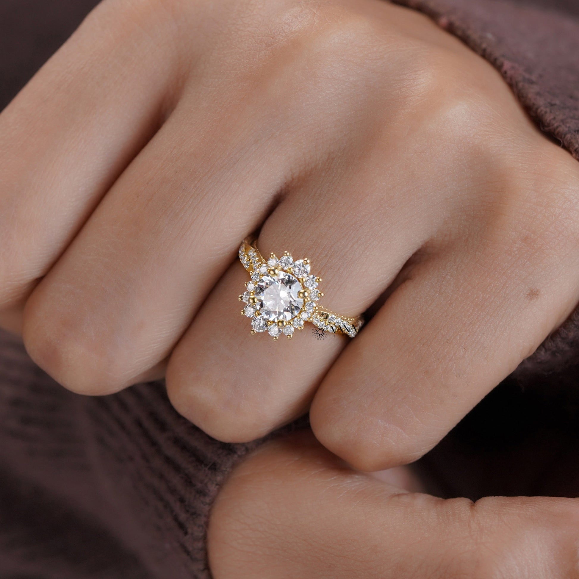Yellow old moissanite flower halo set engagement ring