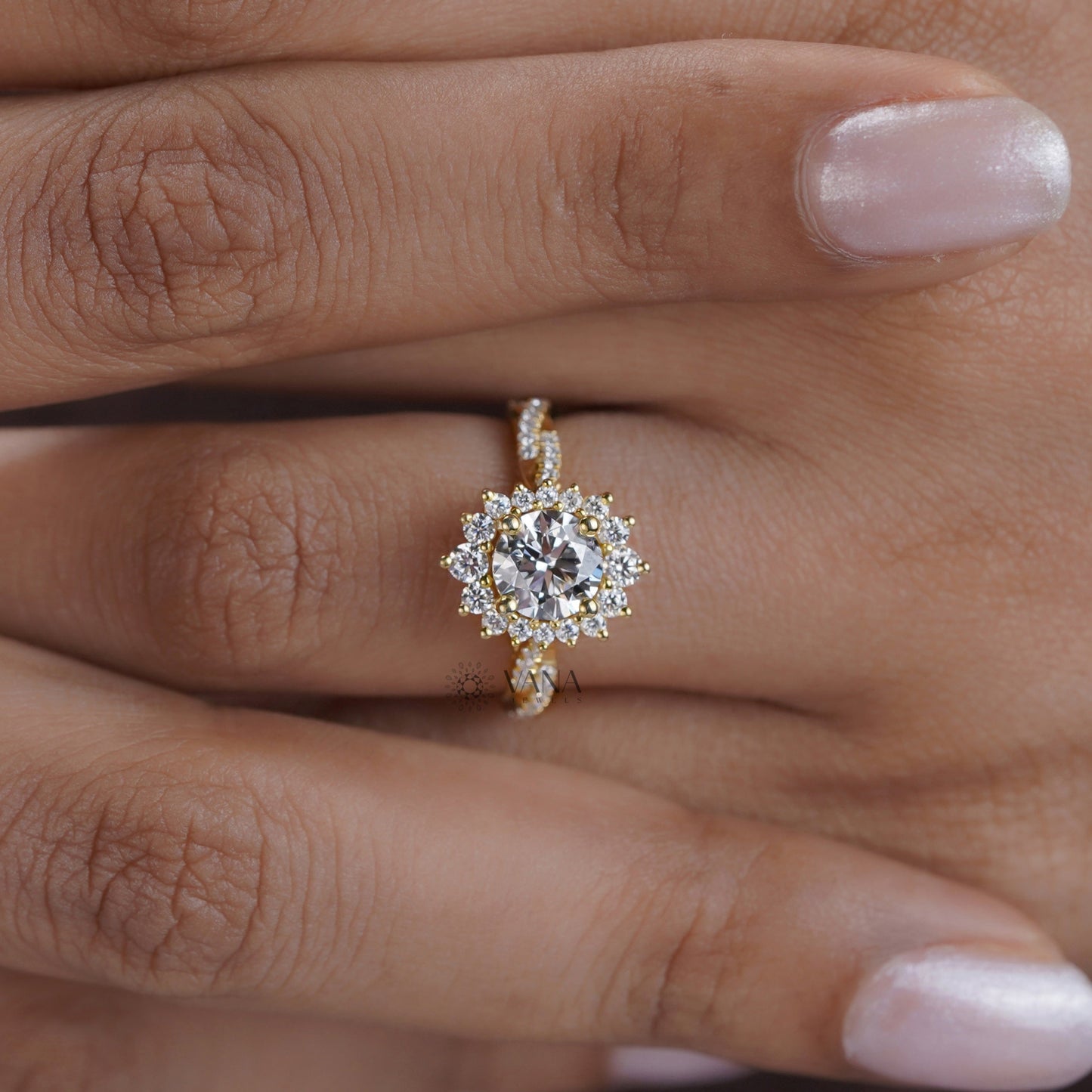 Yellow gold bridal halo ring