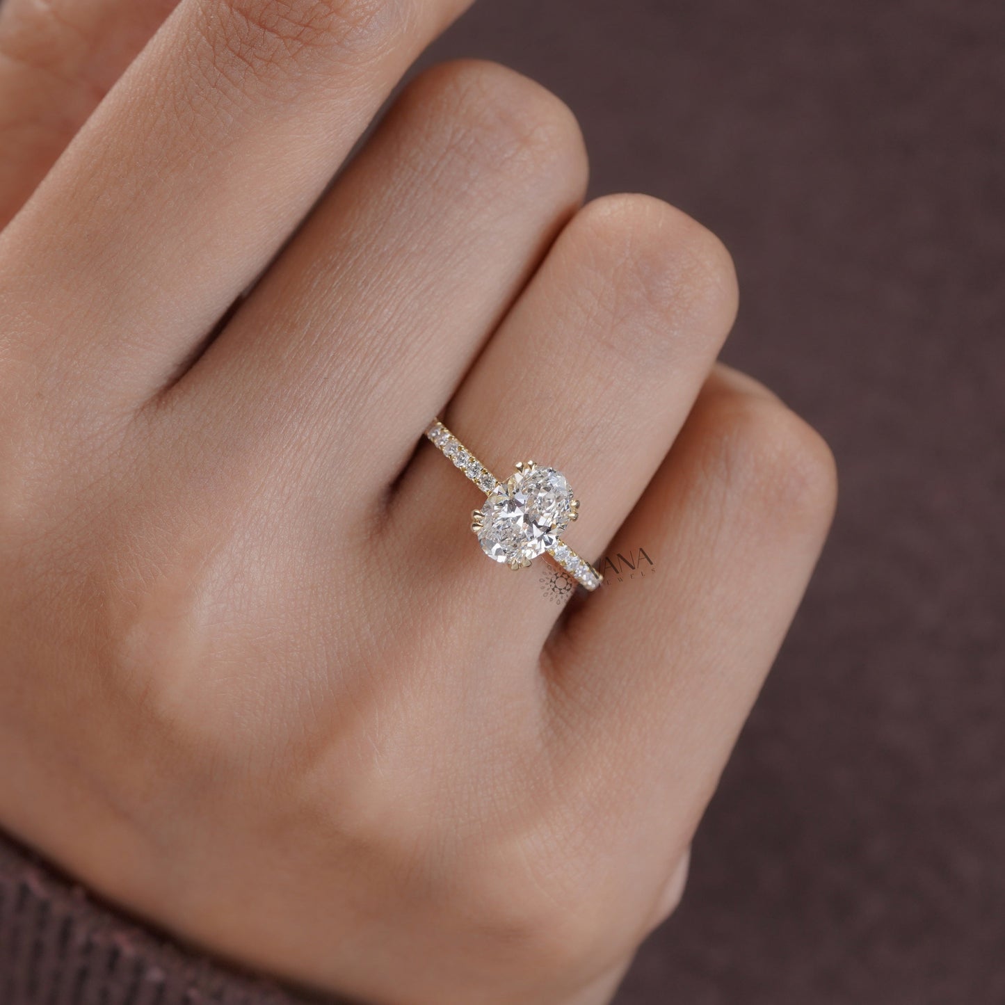 Handmade oval moissanite ring for engagement with pave setting and double prong